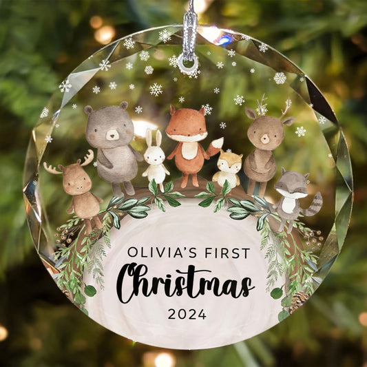 Baby's 1st Christmas Glass Ornament, Personalized Woodland Creatures GX06-12 - 19Gifts
