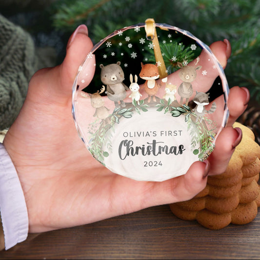 Baby's 1st Christmas Glass Ornament, Personalized Woodland Creatures GX06-12 - 19Gifts