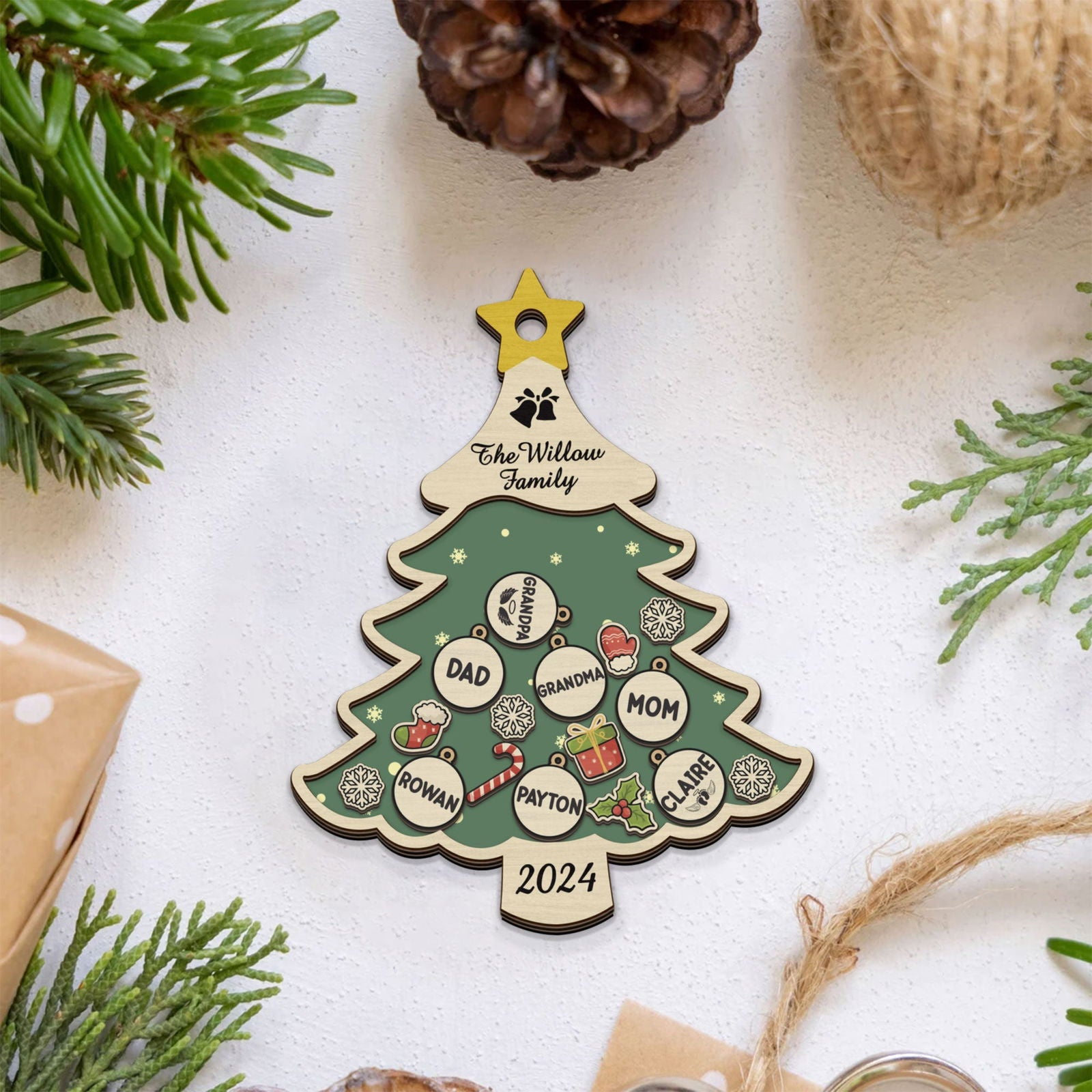 Custom Family Names Christmas Tree Decorations, Family Wooden Ornaments CF207 - 19Gifts