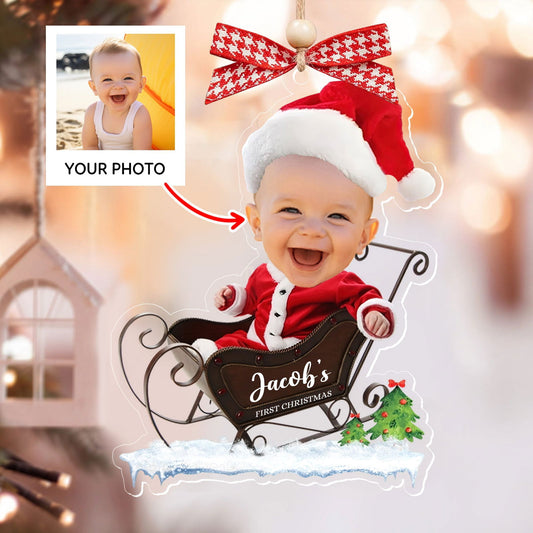 Custom Name Baby Santa Sleigh Christmas Tree Ornament - Custom Baby's First Christmas Keepsake CF629 - 19Gifts