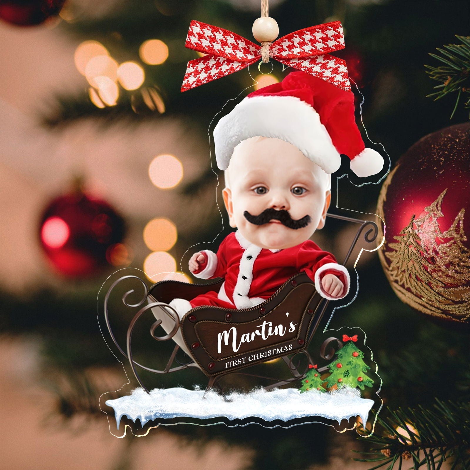 Custom Name Baby Santa Sleigh Christmas Tree Ornament - Custom Baby's First Christmas Keepsake CF629 - 19Gifts