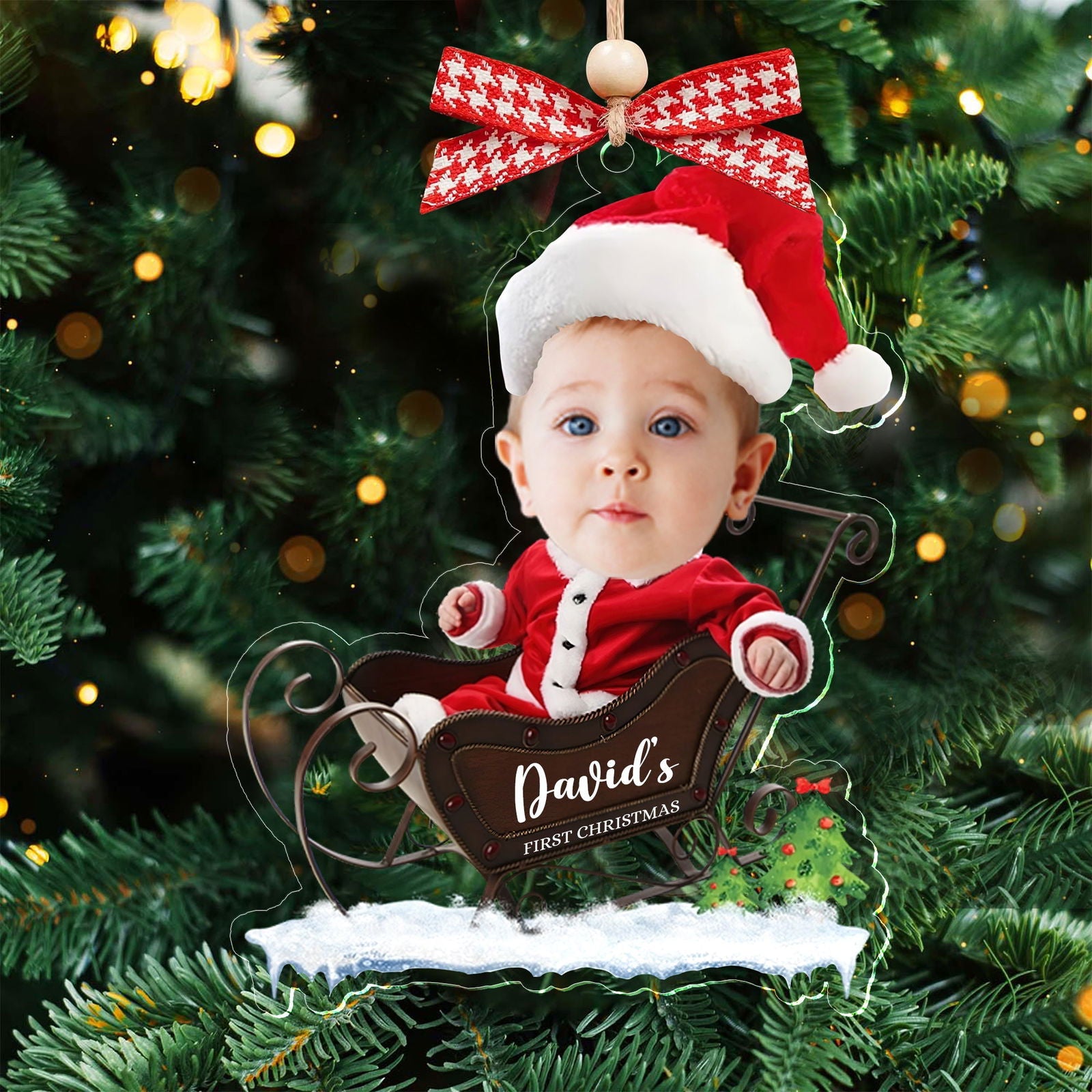 Custom Name Baby Santa Sleigh Christmas Tree Ornament - Custom Baby's First Christmas Keepsake CF629 - 19Gifts
