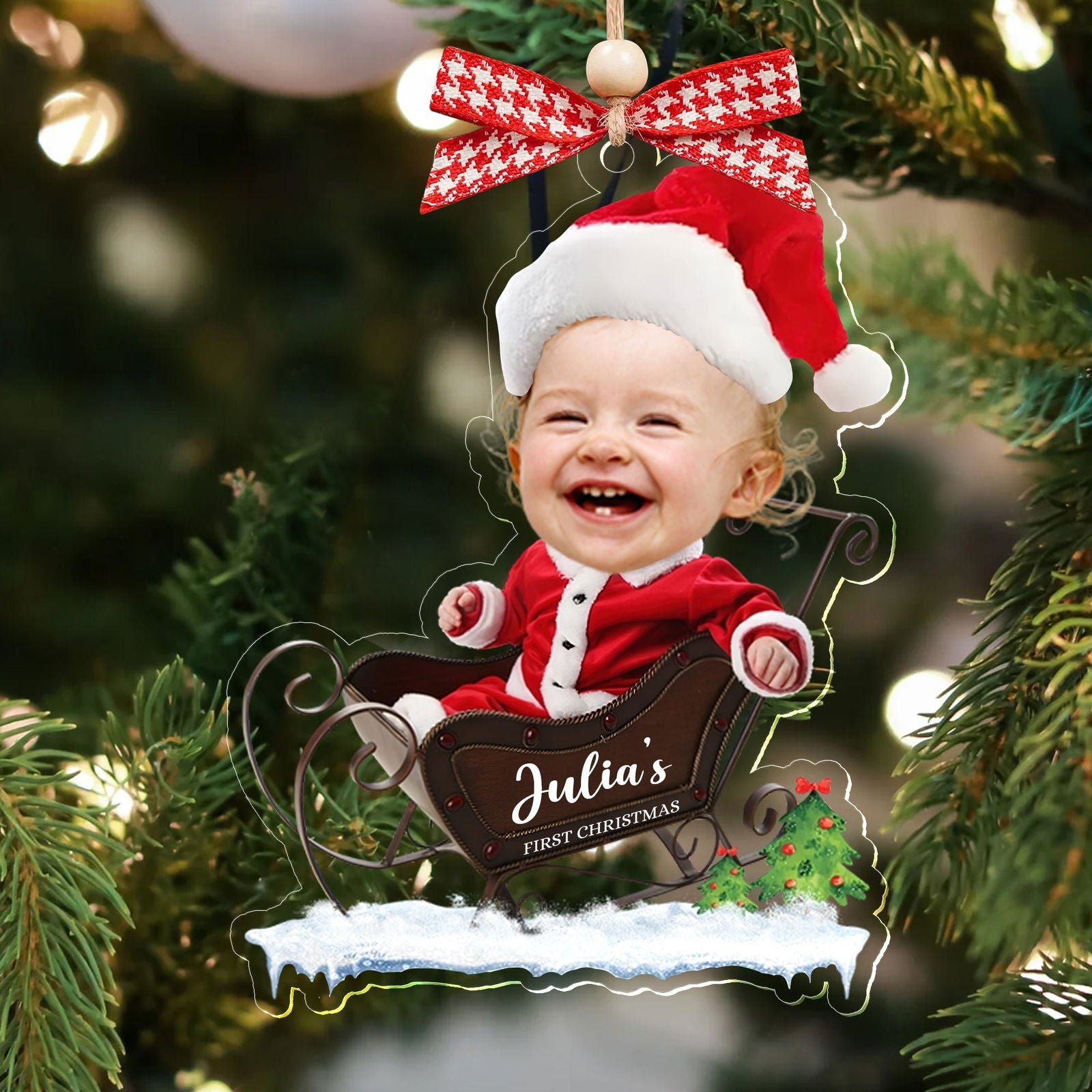 Custom Name Baby Santa Sleigh Christmas Tree Ornament - Custom Baby's First Christmas Keepsake CF629 - 19Gifts