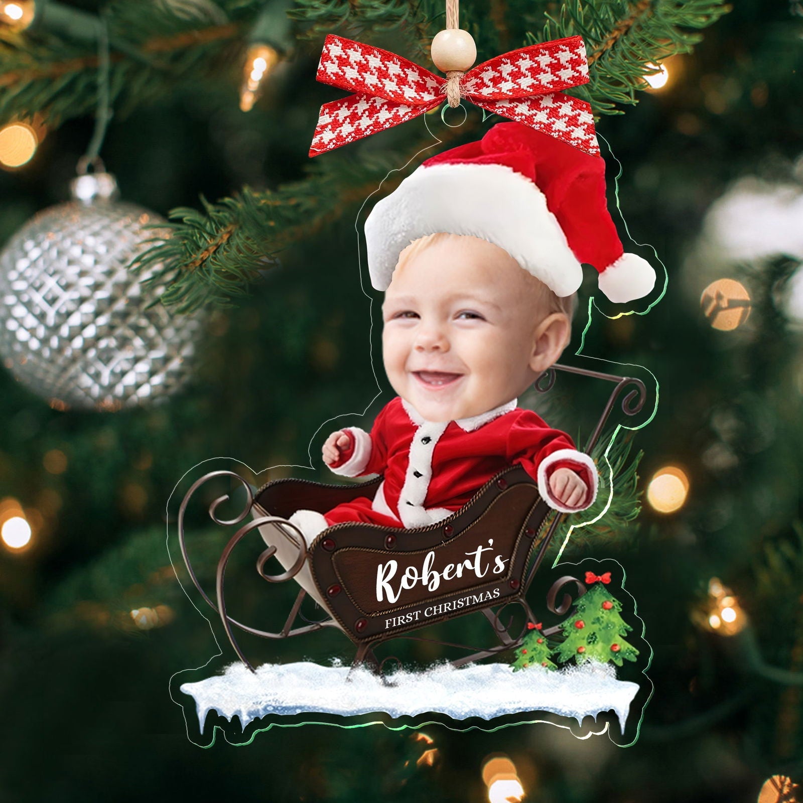 Custom Name Baby Santa Sleigh Christmas Tree Ornament - Custom Baby's First Christmas Keepsake CF629 - 19Gifts