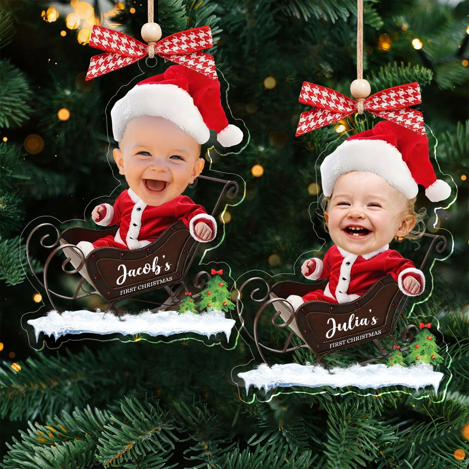 Custom Name Baby Santa Sleigh Christmas Tree Ornament - Custom Baby's First Christmas Keepsake CF629 - 19Gifts