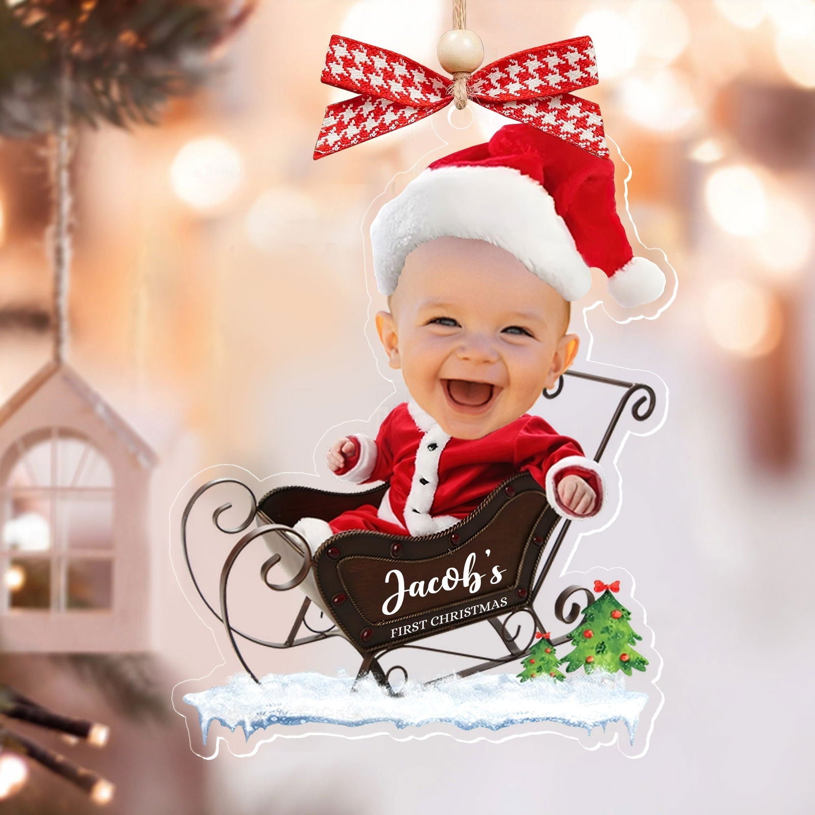 Custom Name Baby Santa Sleigh Christmas Tree Ornament - Custom Baby's First Christmas Keepsake CF629 - 19Gifts