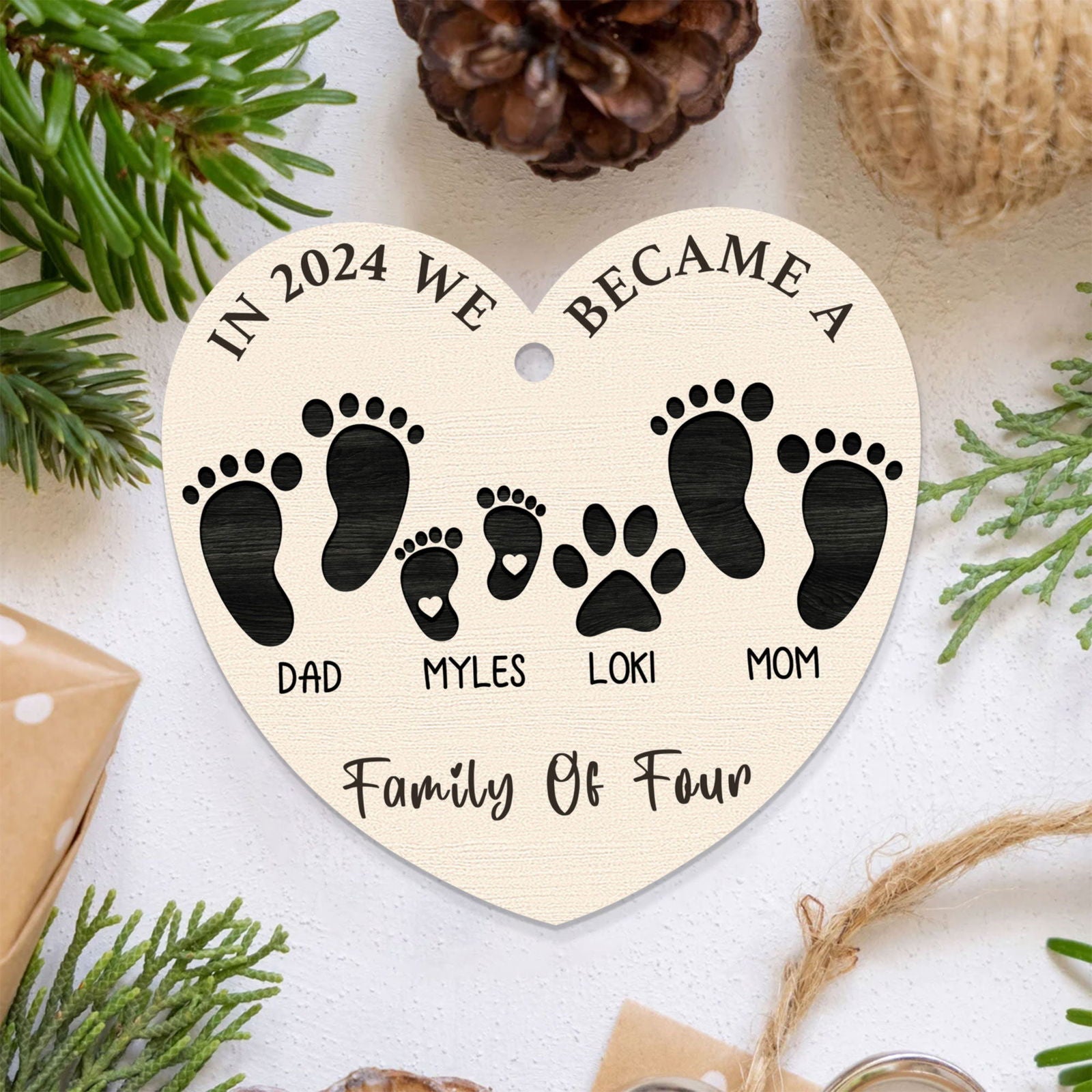First Christmas As A Family Of Four Footprints, Personalized Custom Shaped Wooden Ornament CF701 - 19Gifts