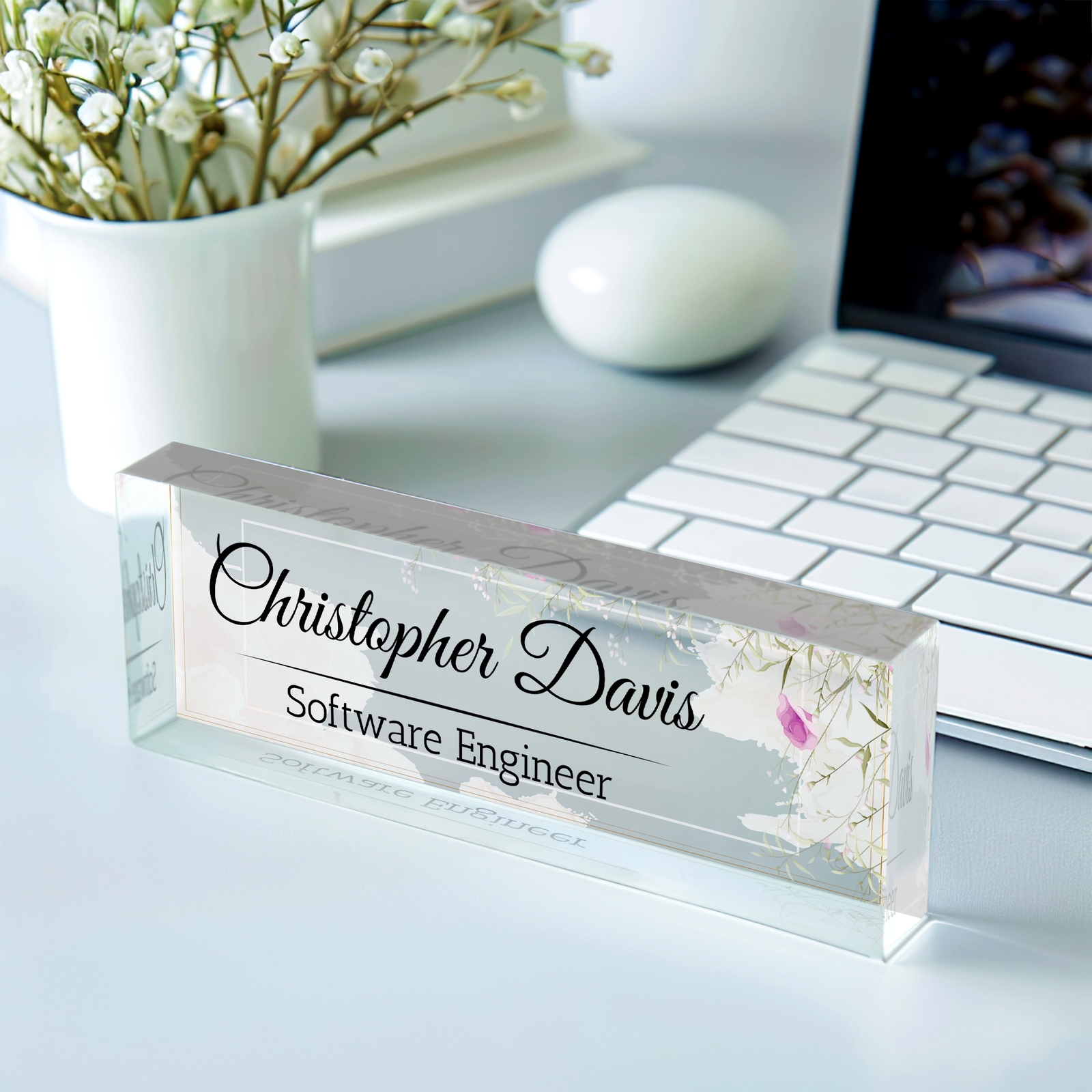 Floral Desk Name Plate, Plate Acrylic For Desk, Personalized Flower Name Plate TD81-48 - 19Gifts