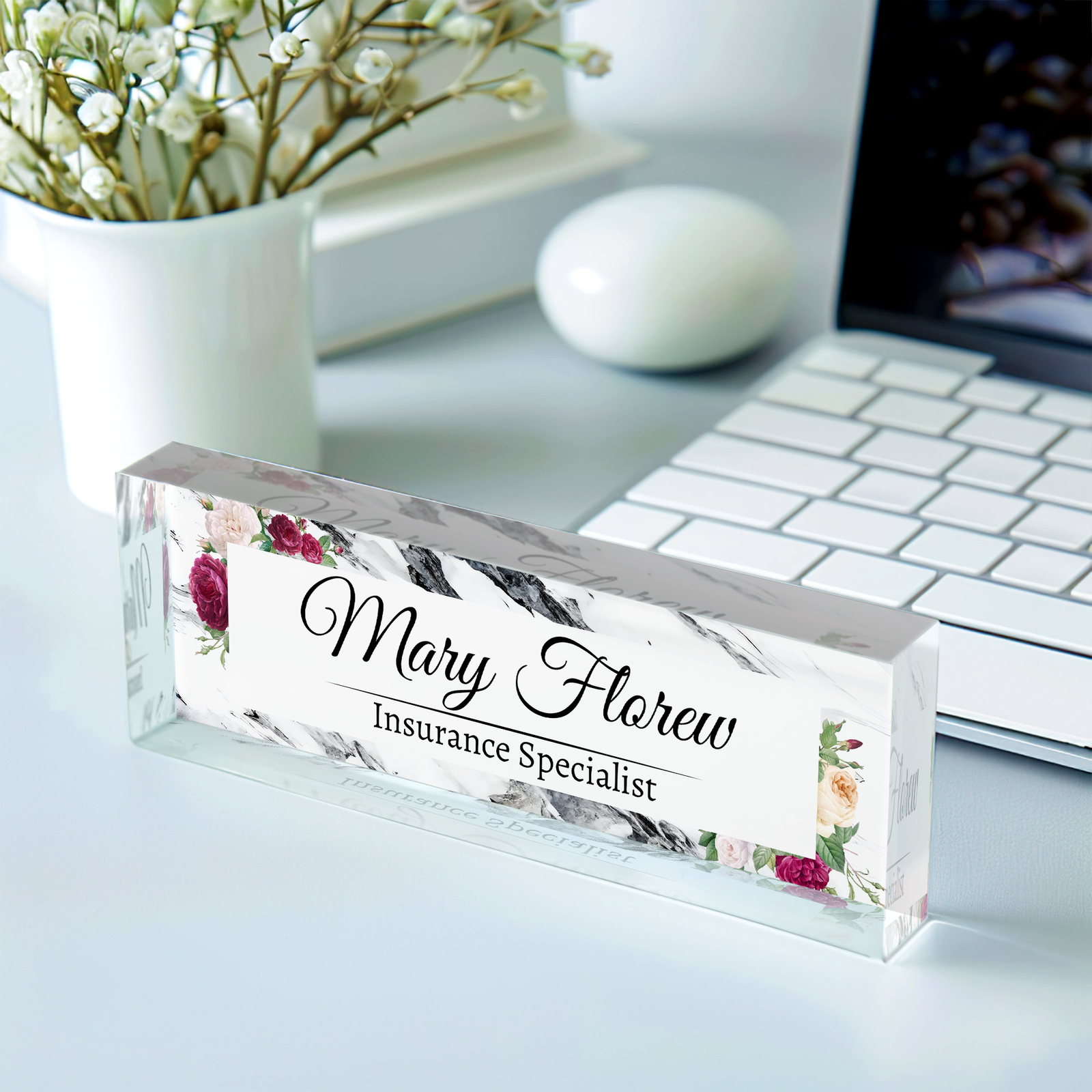 Flower Desk Name Plate, Custom Acrylic Desk Ornaments, Floral Name Plate Acrylic For Desk TD81-65 - 19Gifts