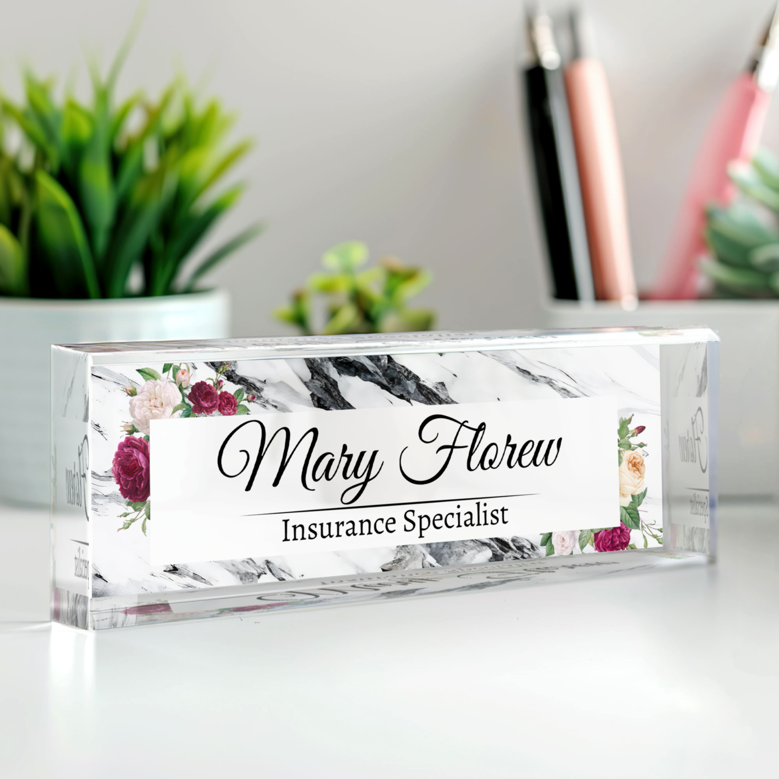 Flower Desk Name Plate, Custom Acrylic Desk Ornaments, Floral Name Plate Acrylic For Desk TD81-65 - 19Gifts