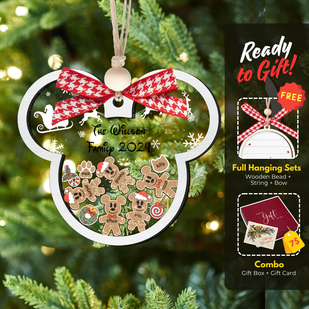 Gingerbread Mickey Mouse Family Ornament, Personalized Family Ornaments With Pets, 3 Layer Wooden Ornament CF74 - 19Gifts