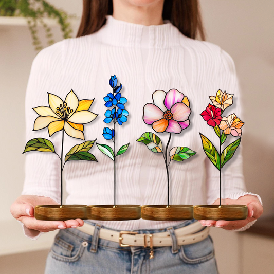 Birth Flower Stained Glass, Mother’s Day Gift, Personalized Birth Month Flower Stained Glass, Floral Table Decor,Flower Garden Stake,Birthday Gift MX65