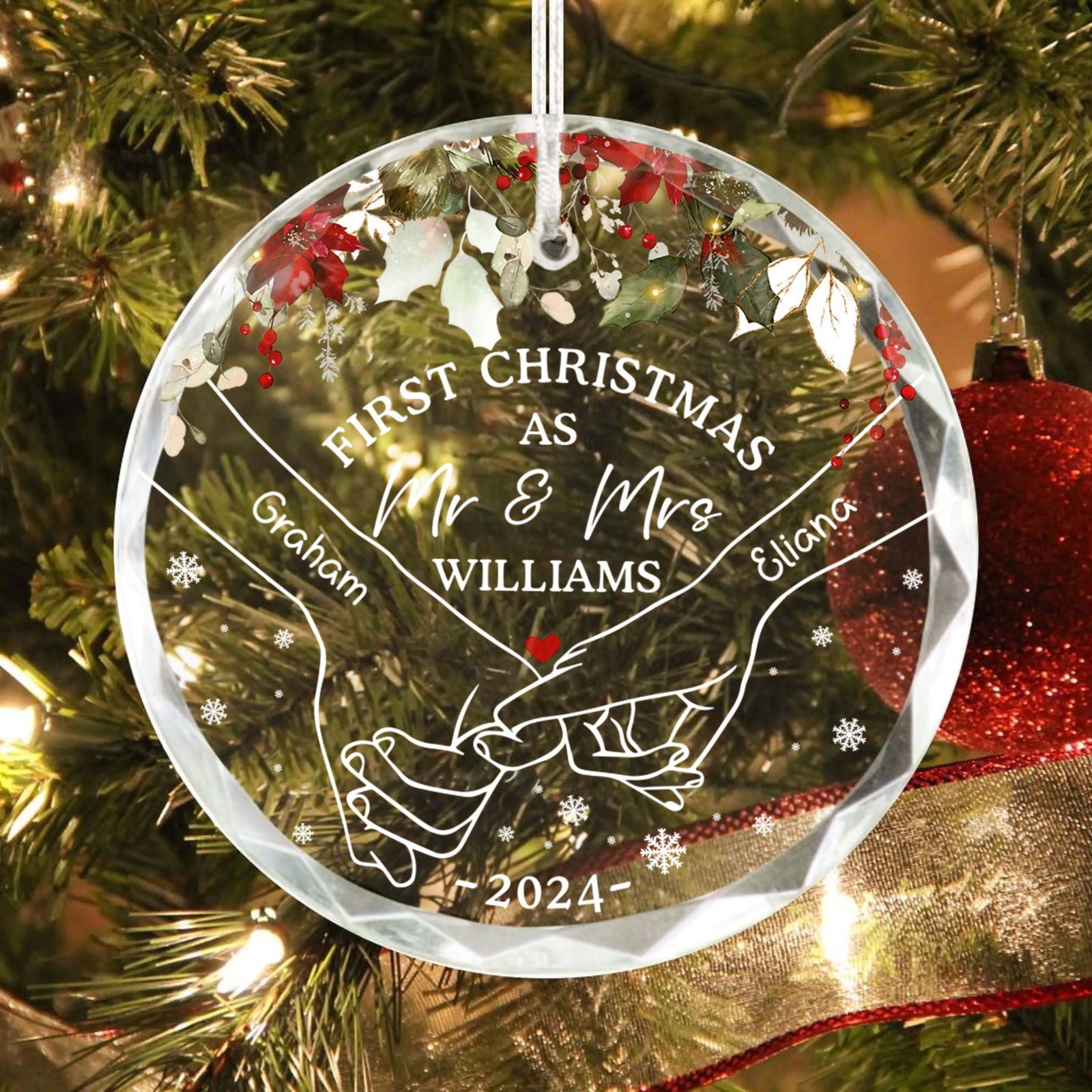 Holding Hands First Christmas Couple Gift, Personalized Circle Glass Ornament GX08 - 19Gifts