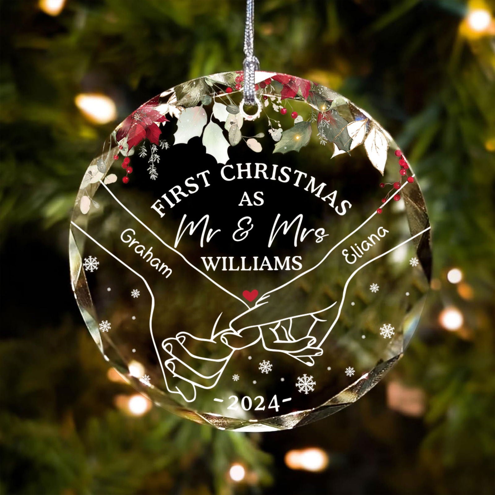 Holding Hands First Christmas Couple Gift, Personalized Circle Glass Ornament GX08 - 19Gifts