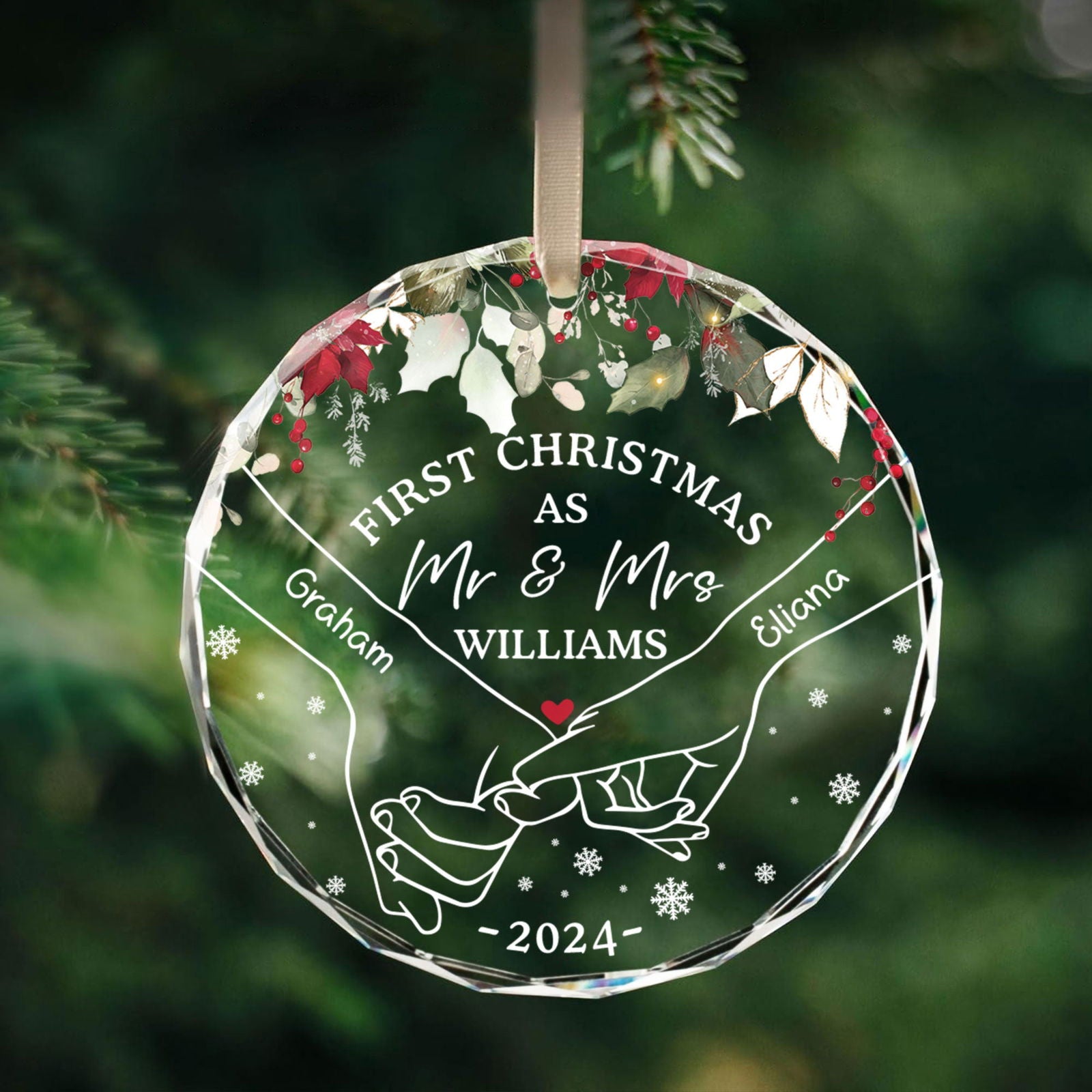 Holding Hands First Christmas Couple Gift, Personalized Circle Glass Ornament GX08 - 19Gifts
