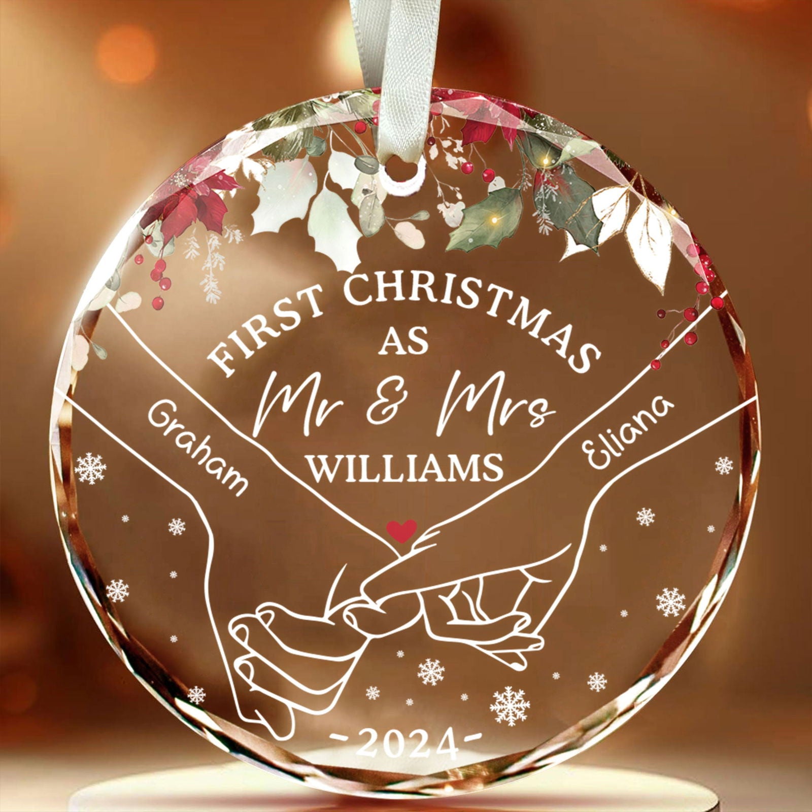 Holding Hands First Christmas Couple Gift, Personalized Circle Glass Ornament GX08 - 19Gifts