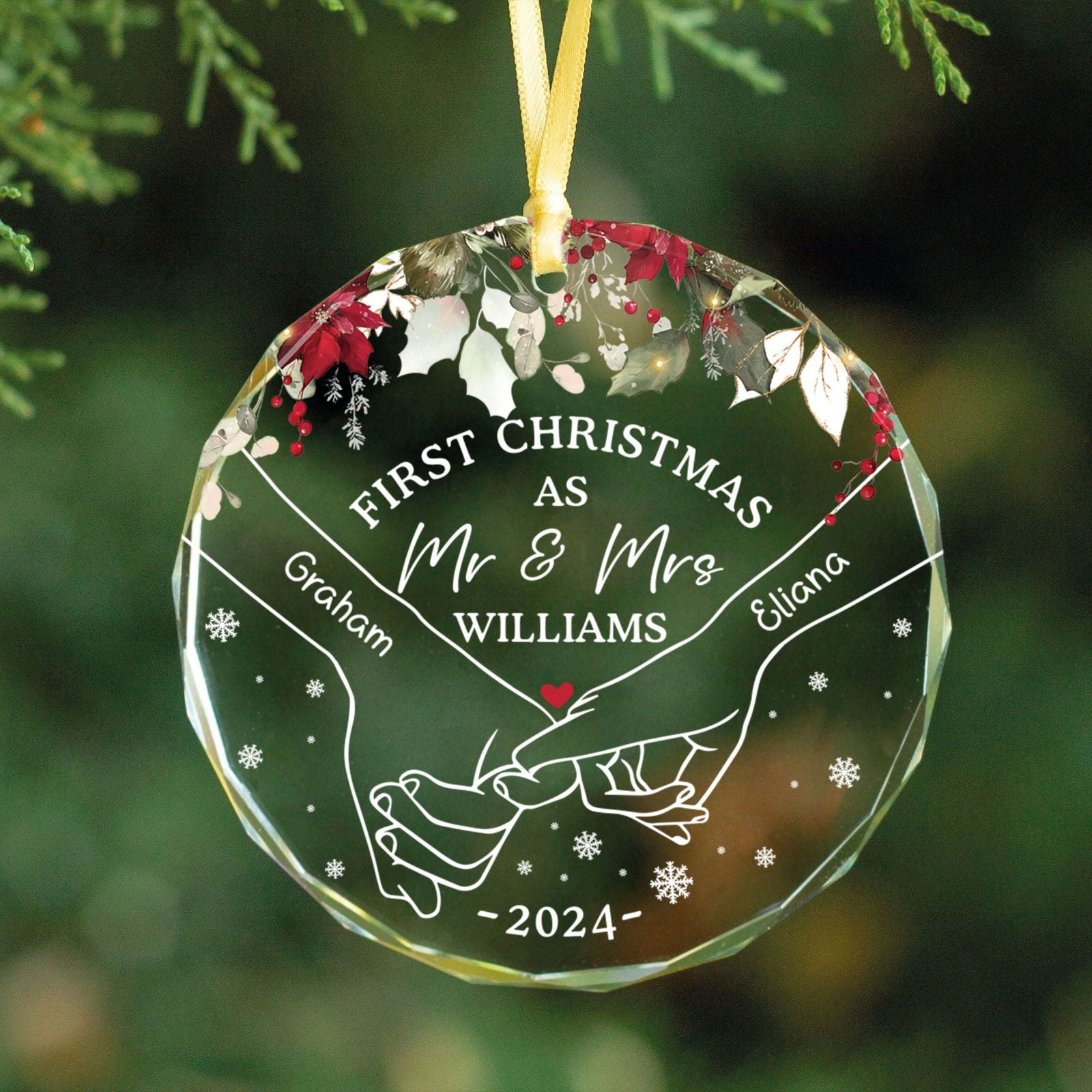 Holding Hands First Christmas Couple Gift, Personalized Circle Glass Ornament GX08 - 19Gifts