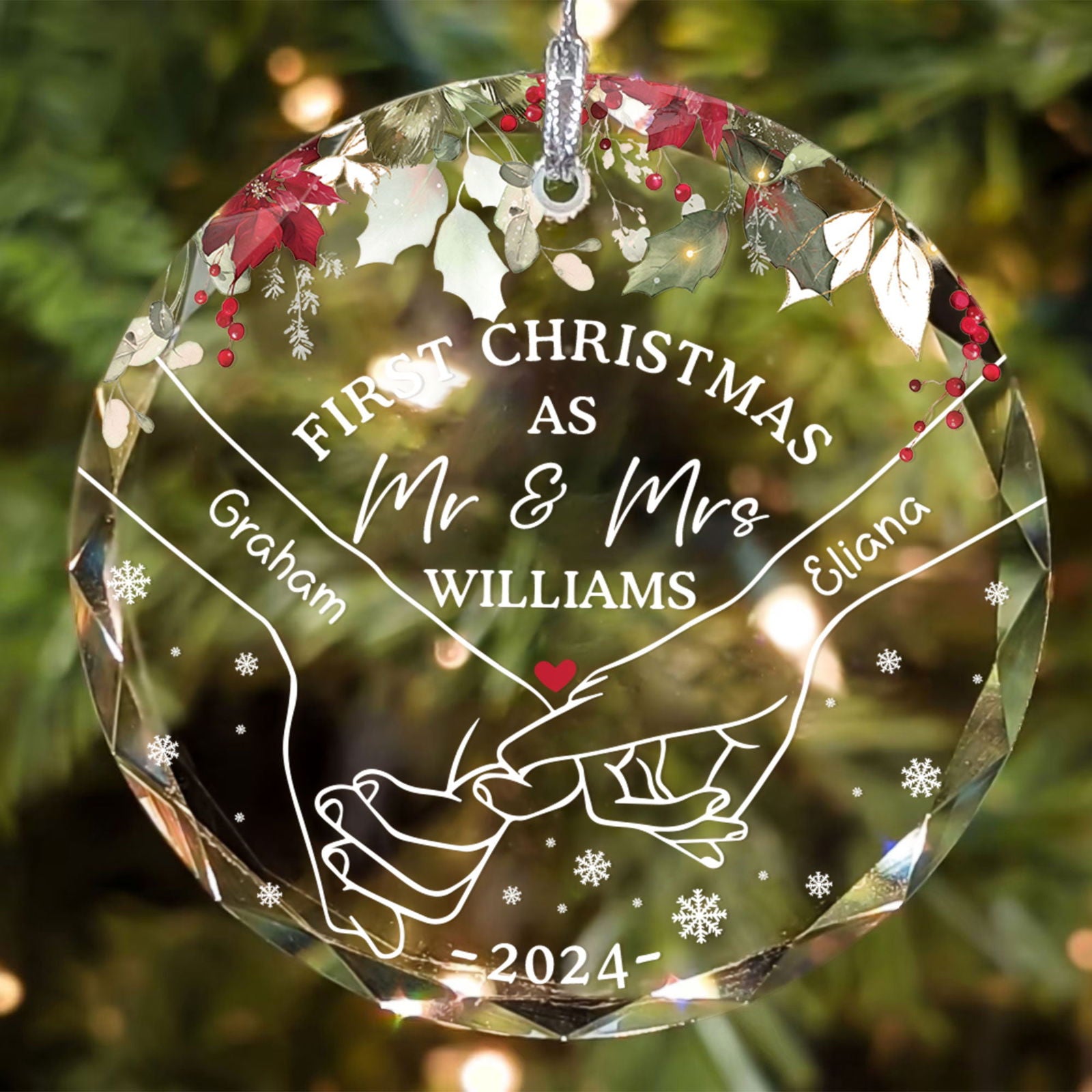 Holding Hands First Christmas Couple Gift, Personalized Circle Glass Ornament GX08 - 19Gifts