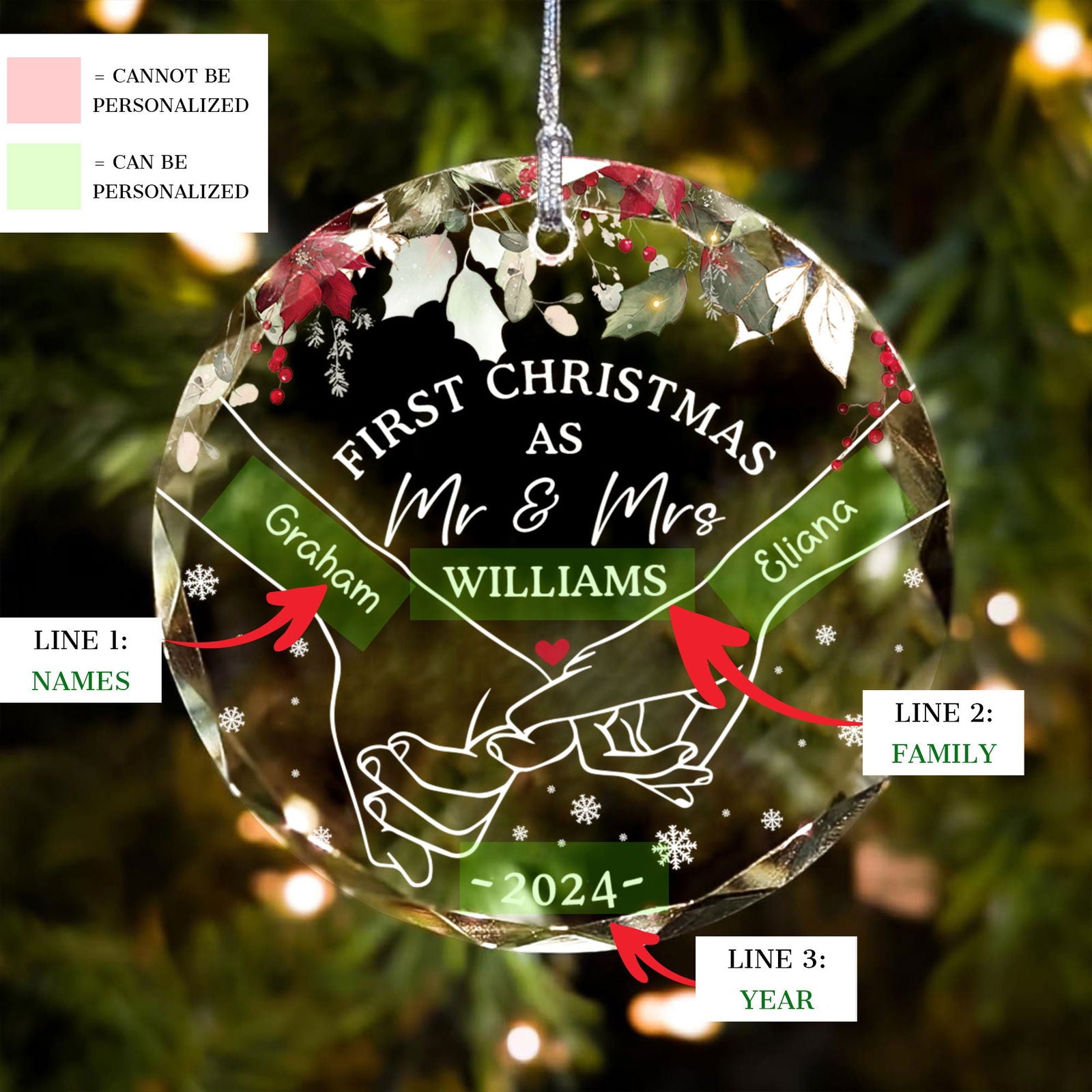 Holding Hands First Christmas Couple Gift, Personalized Circle Glass Ornament GX08 - 19Gifts