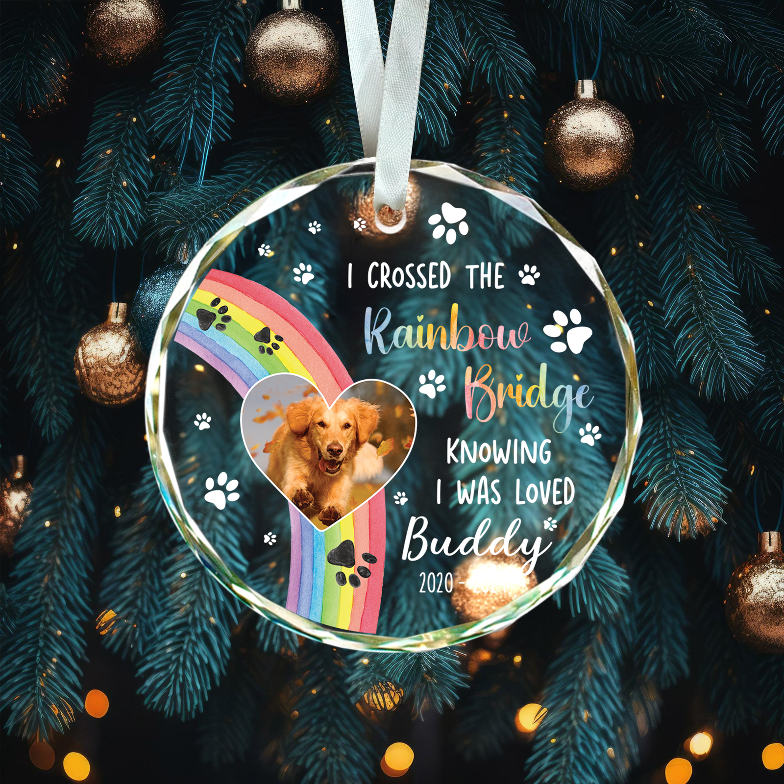 I Crossed The Rainbow Bridge Dog Photo - Personalized Circle Glass Ornament GX04 Style 11 - 19Gifts