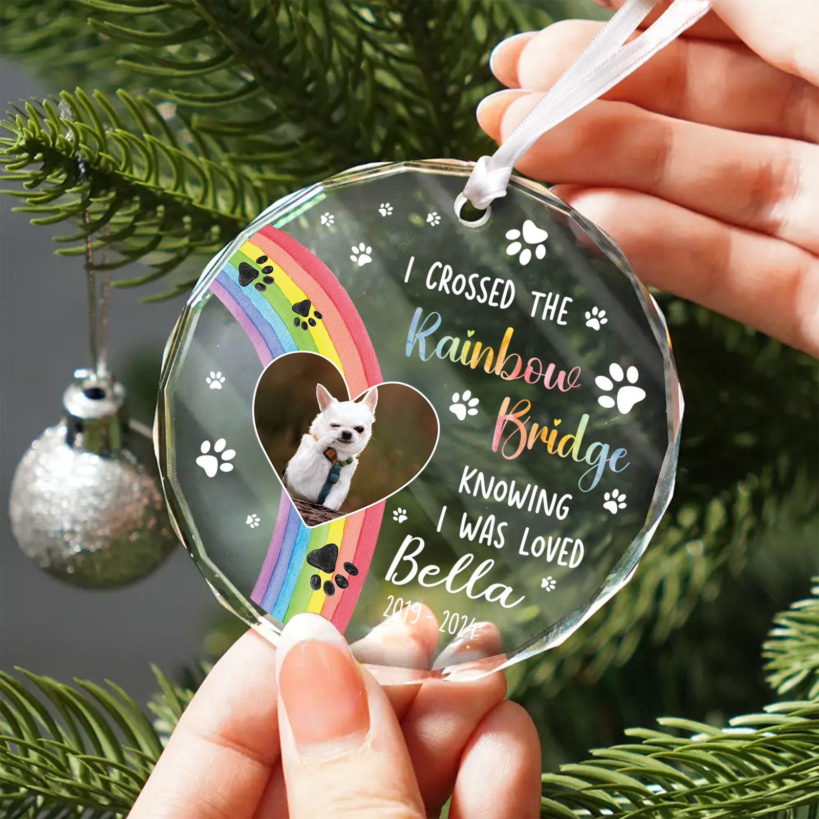 I Crossed The Rainbow Bridge Dog Photo - Personalized Circle Glass Ornament GX04 Style 11 - 19Gifts