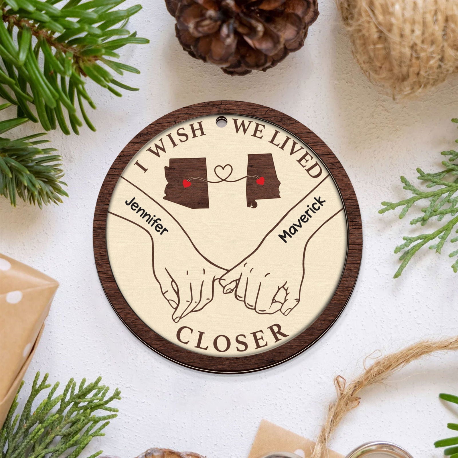 Long Distance Couple Ornament, Personalized 2-Layered Wooden Ornament, Togetherness Christmas Gift, CF713 - 19Gifts