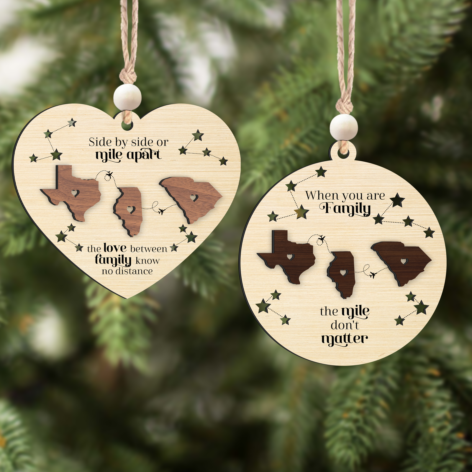 Long Distance Family Heart Shape Ornament, Personalized 2-Layered Wooden Ornament, Togetherness Christmas Gift, CF333-H - 19Gifts