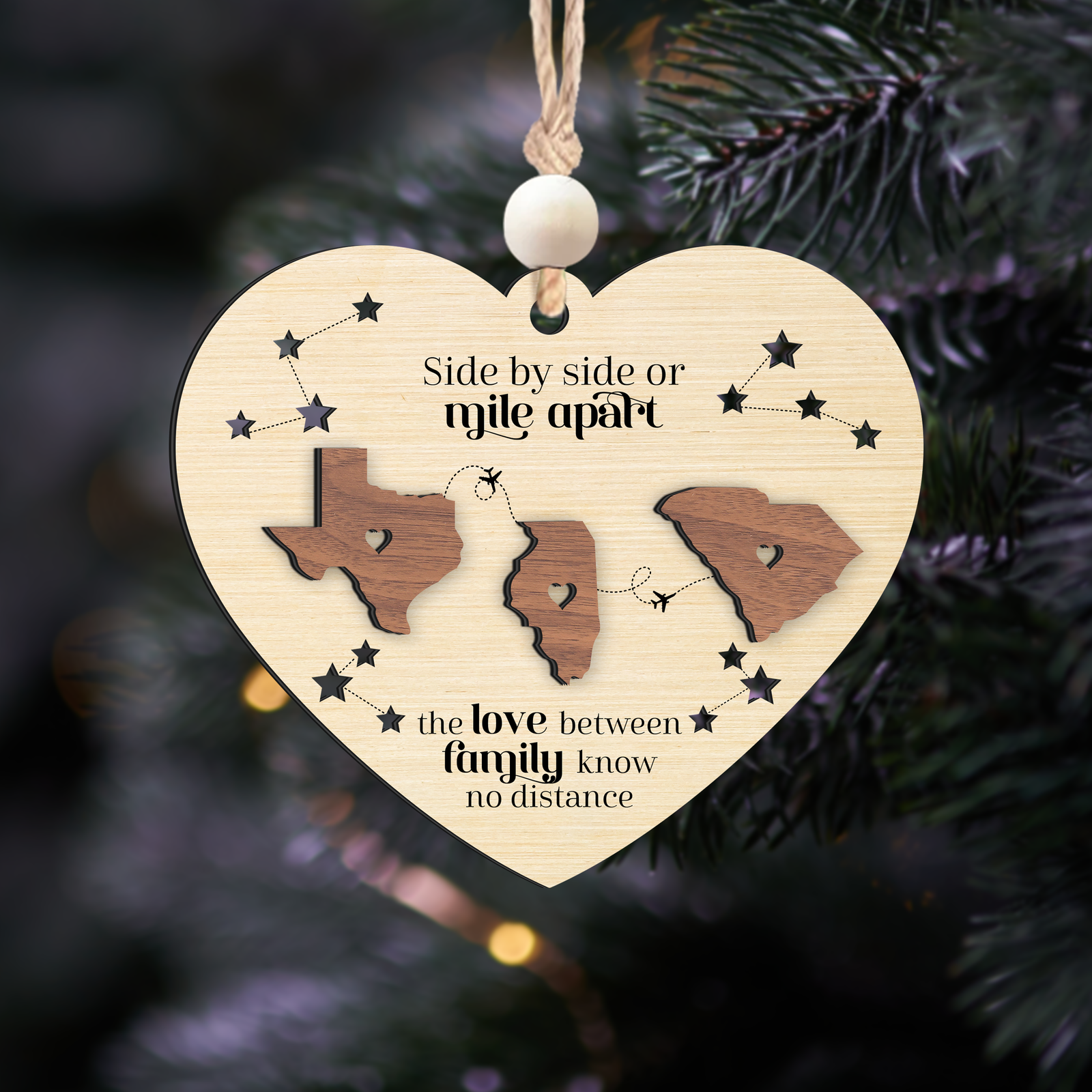 Long Distance Family Heart Shape Ornament, Personalized 2-Layered Wooden Ornament, Togetherness Christmas Gift, CF333-H - 19Gifts