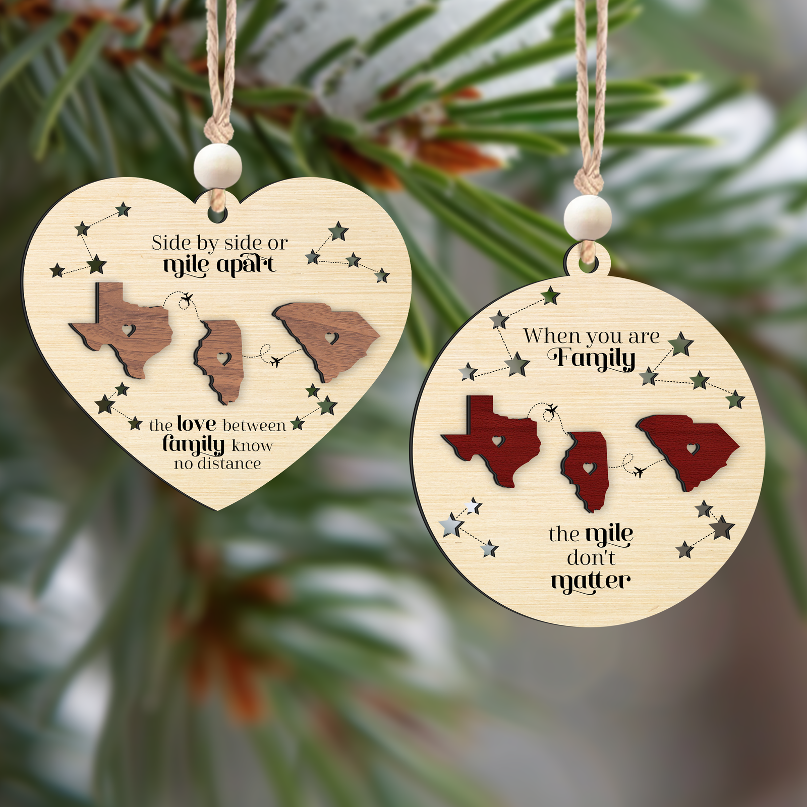 Long Distance Family Heart Shape Ornament, Personalized 2-Layered Wooden Ornament, Togetherness Christmas Gift, CF333-H - 19Gifts