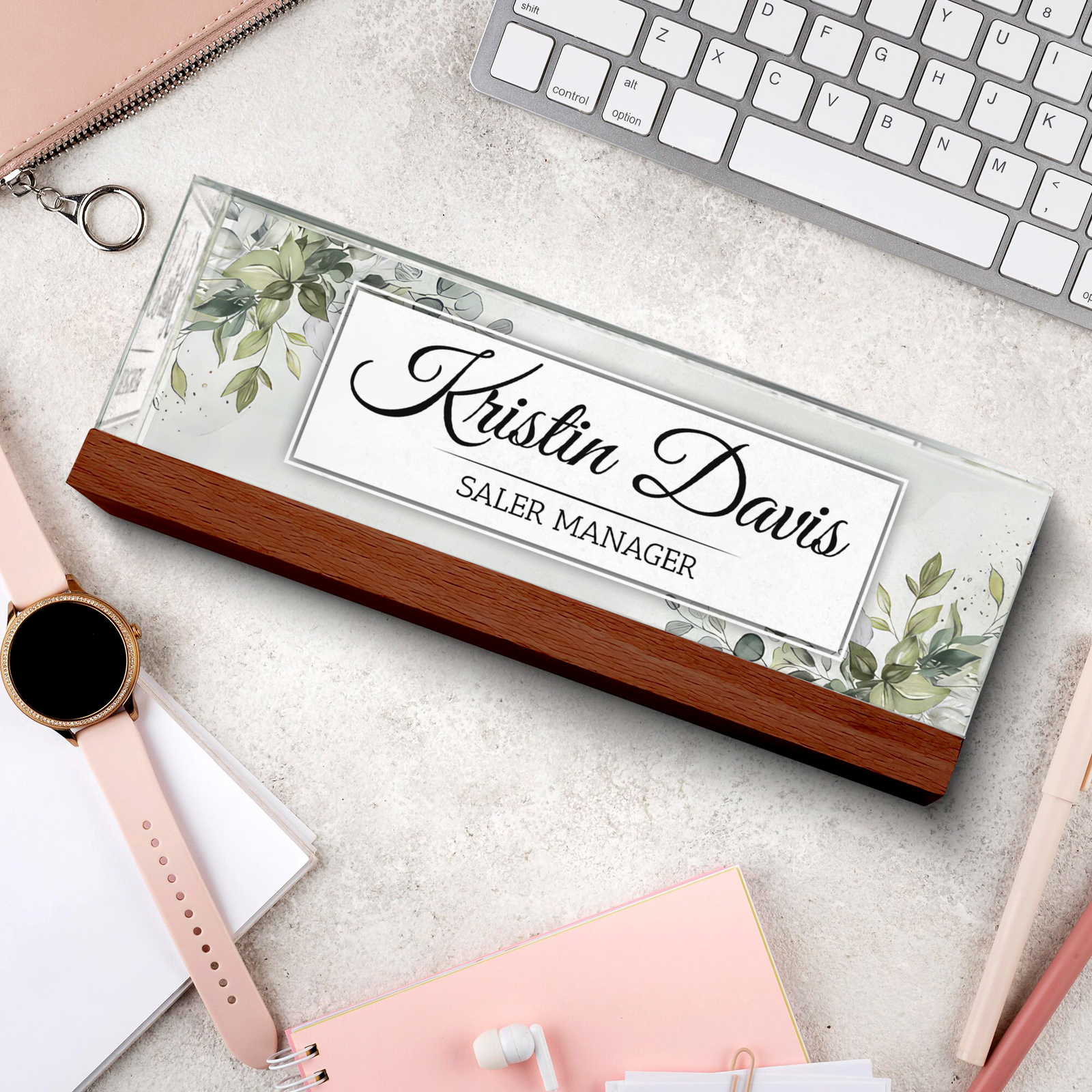 Name Plate Acrylic For Desk, Personalized Acrylic Floral Desk Name Plate TD81-13 - 19Gifts