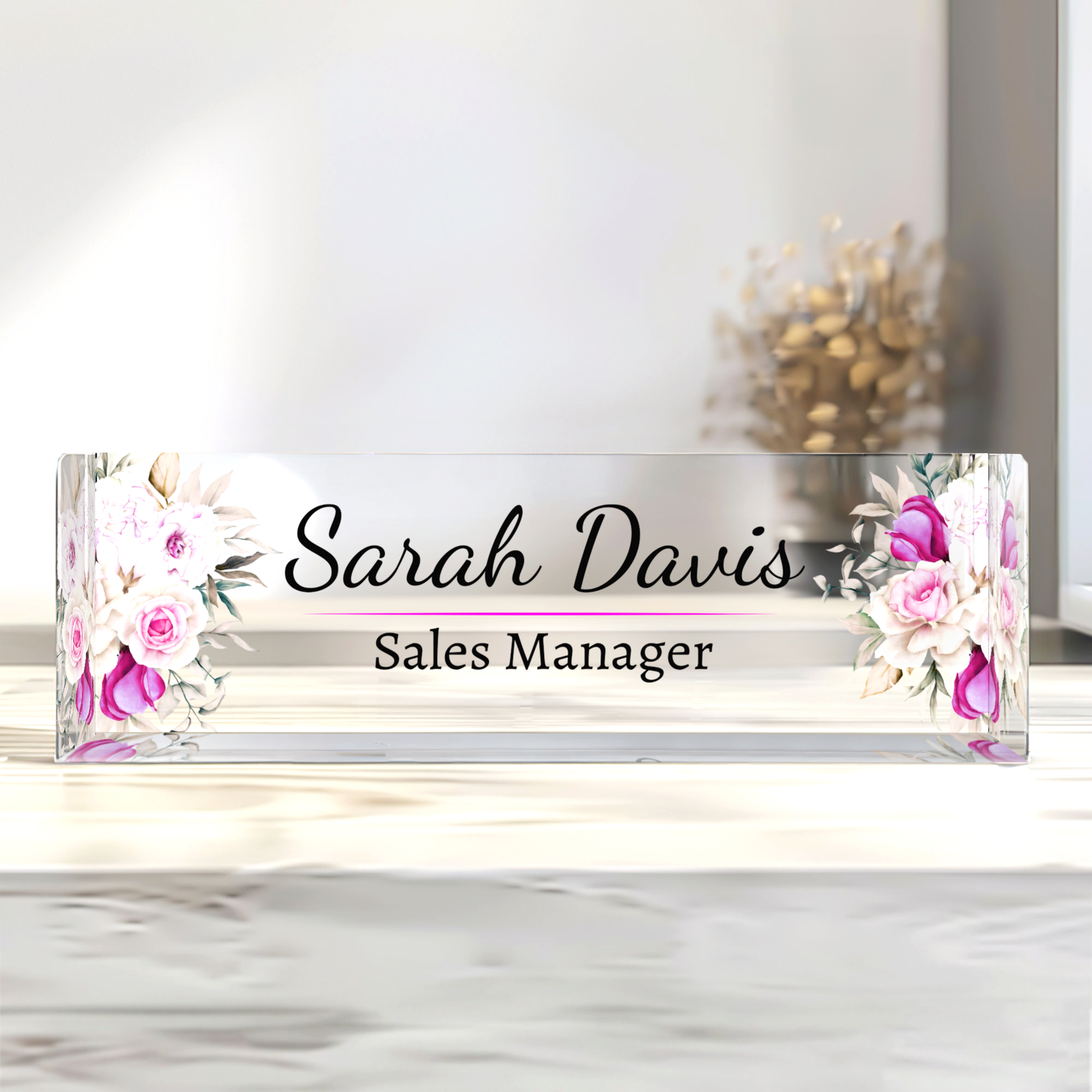 Personalized Acrylic Floral Desk Name Plate, Acrylic Desk Ornaments, Flower Desk Name Plate TD81-68 - 19Gifts