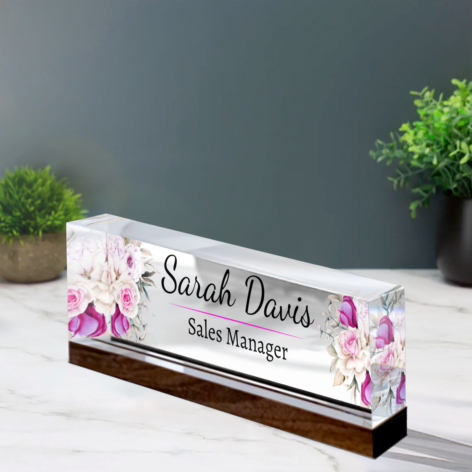 Personalized Acrylic Floral Desk Name Plate, Acrylic Desk Ornaments, Flower Desk Name Plate TD81-68 - 19Gifts