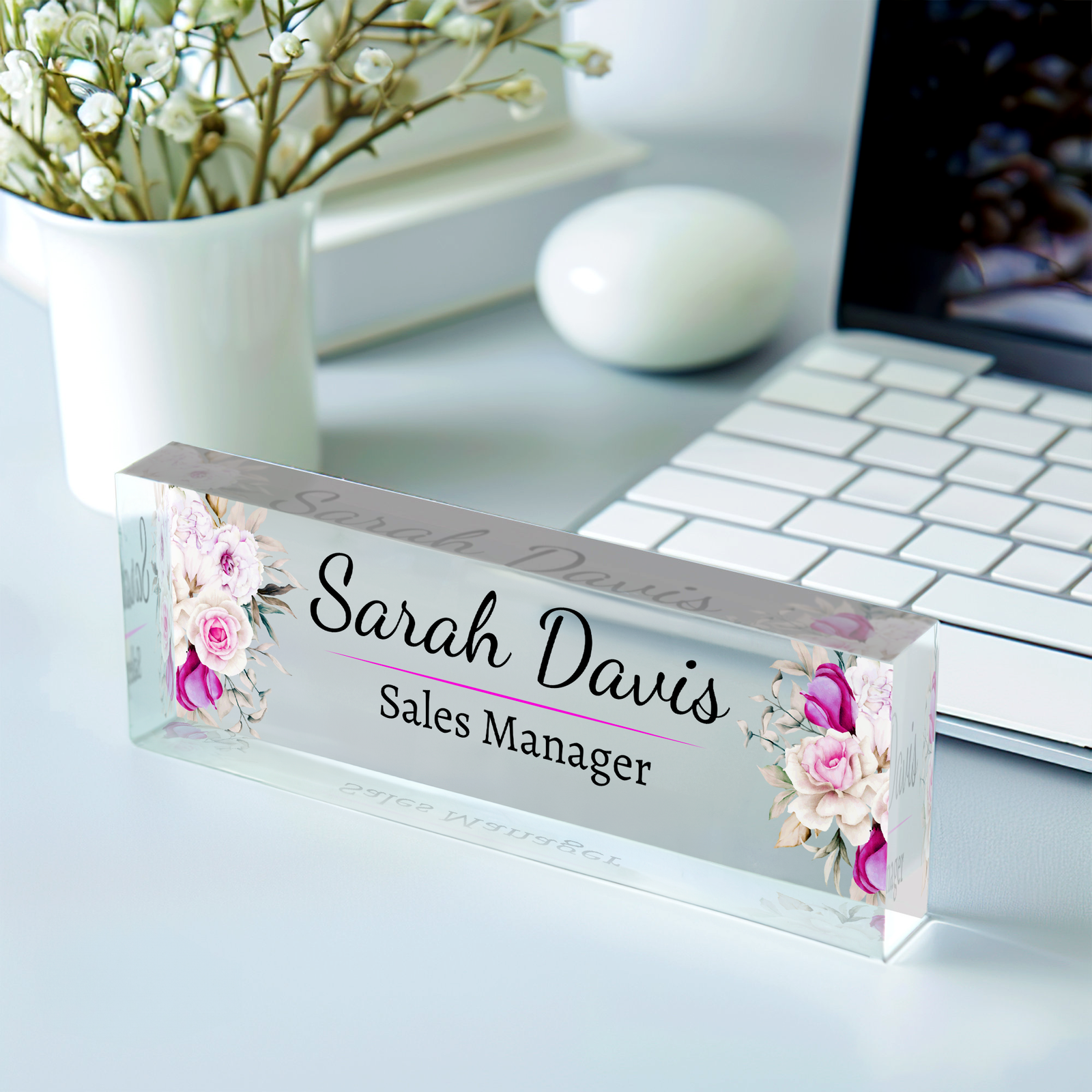 Personalized Acrylic Floral Desk Name Plate, Acrylic Desk Ornaments, Flower Desk Name Plate TD81-68 - 19Gifts