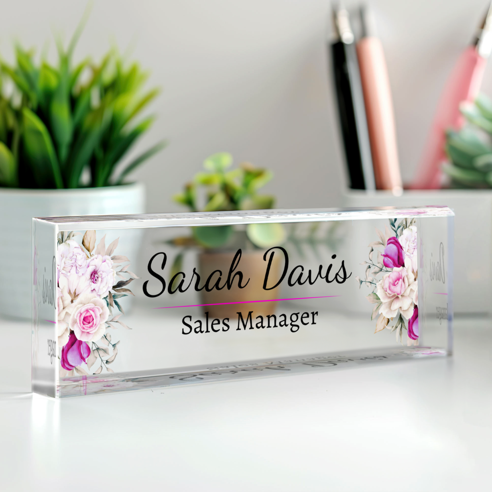 Personalized Acrylic Floral Desk Name Plate, Acrylic Desk Ornaments, Flower Desk Name Plate TD81-68 - 19Gifts