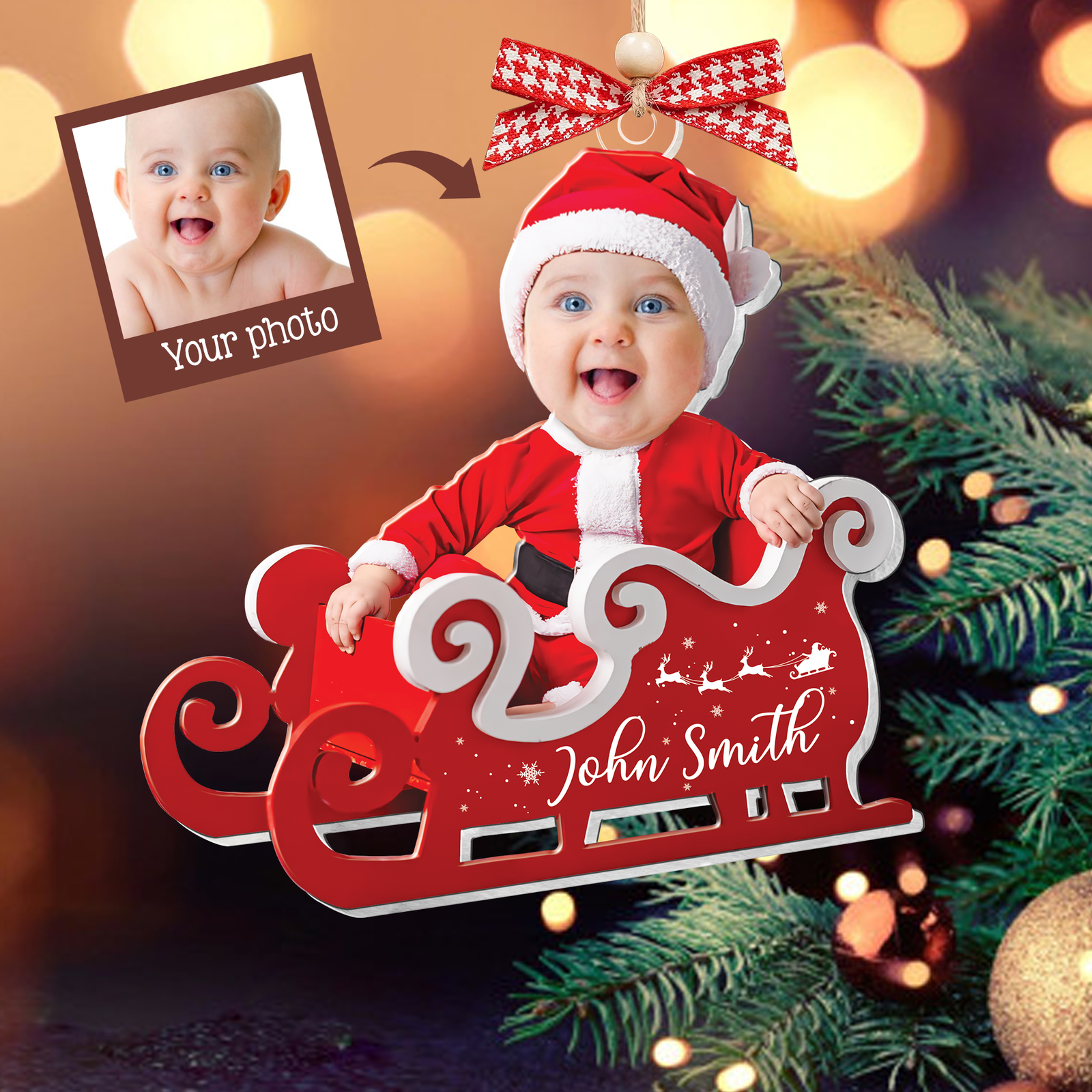 Personalized Baby in Sleigh Photo Ornaments, Adorable Newborn Baby Face Ornament CF612 - 19Gifts