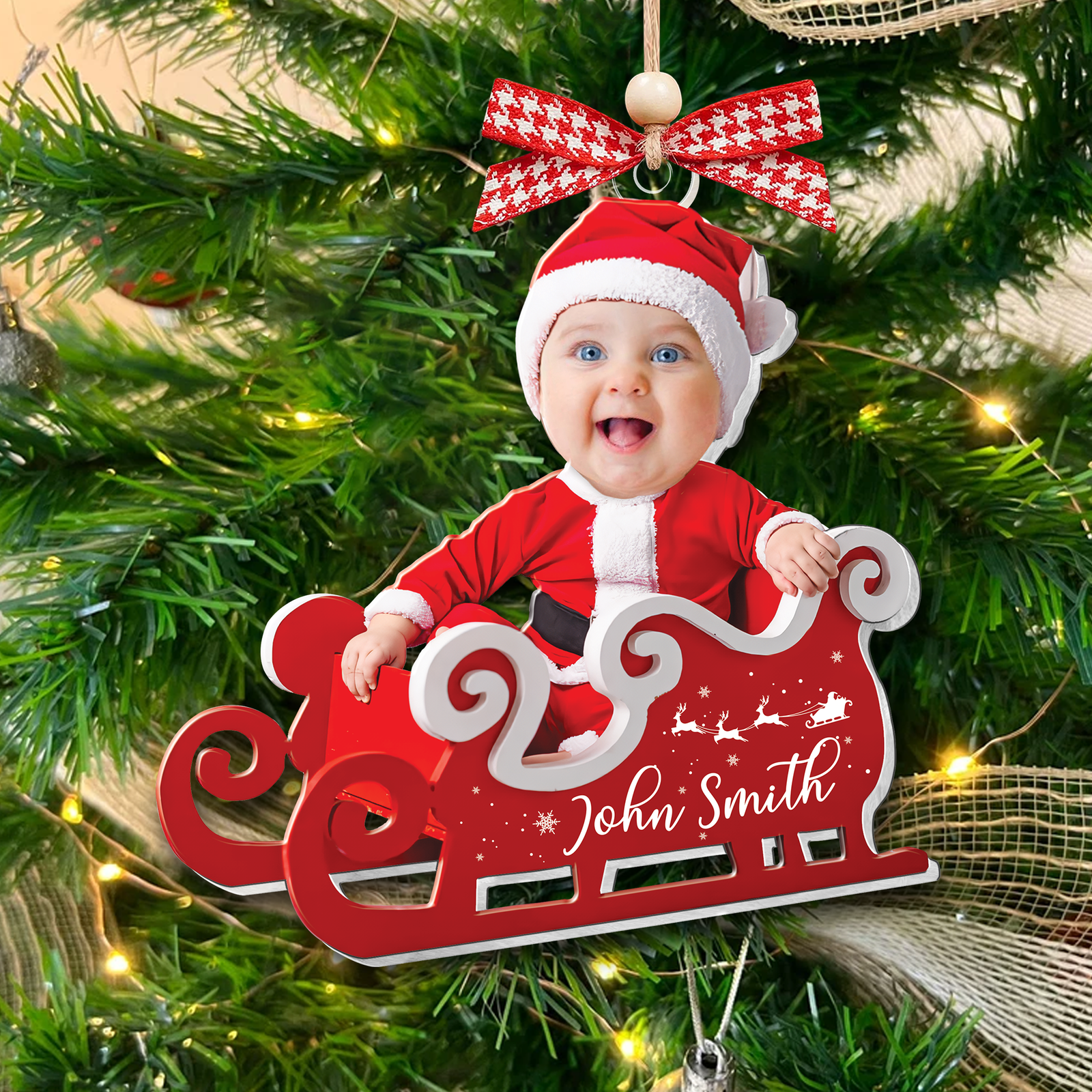 Personalized Baby in Sleigh Photo Ornaments, Adorable Newborn Baby Face Ornament CF612 - 19Gifts