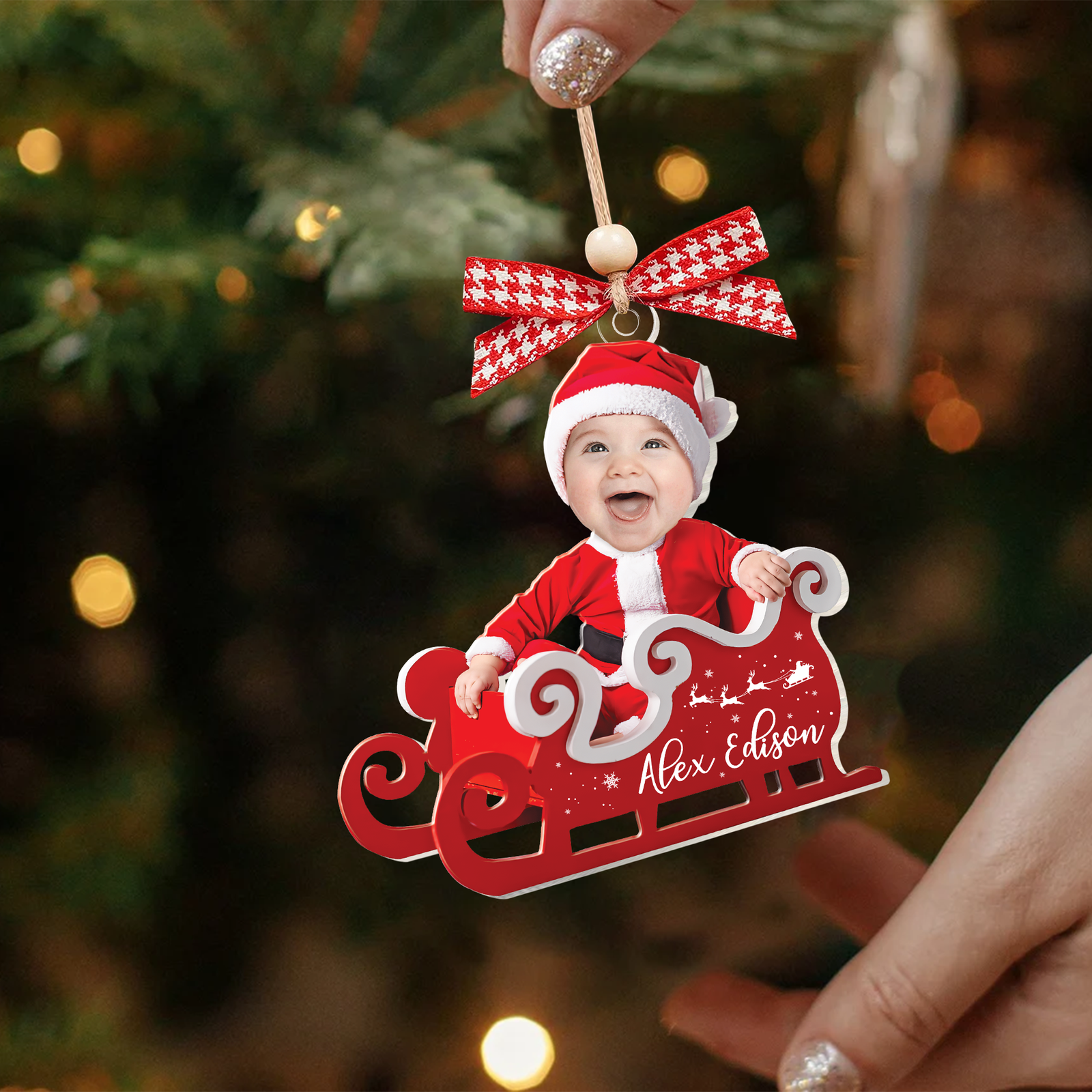 Personalized Baby in Sleigh Photo Ornaments, Adorable Newborn Baby Face Ornament CF612 - 19Gifts