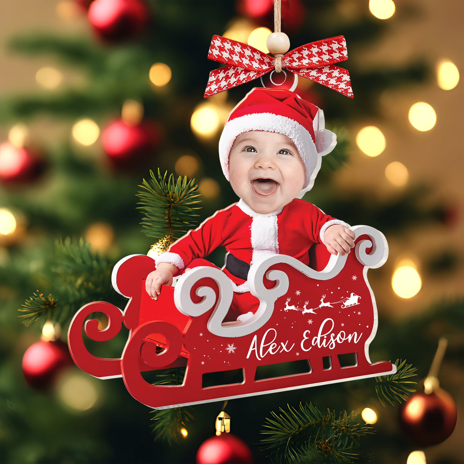 Personalized Baby in Sleigh Photo Ornaments, Adorable Newborn Baby Face Ornament CF612 - 19Gifts