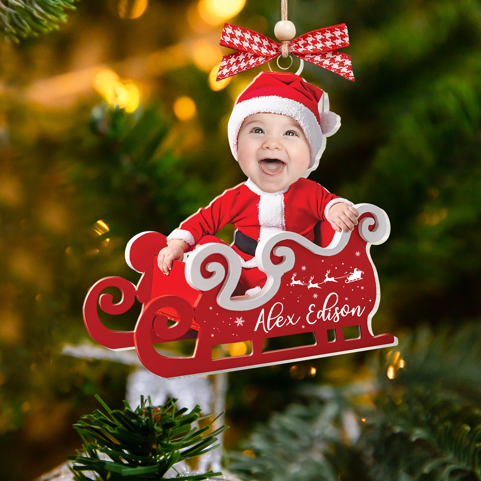 Personalized Baby in Sleigh Photo Ornaments, Adorable Newborn Baby Face Ornament CF612 - 19Gifts