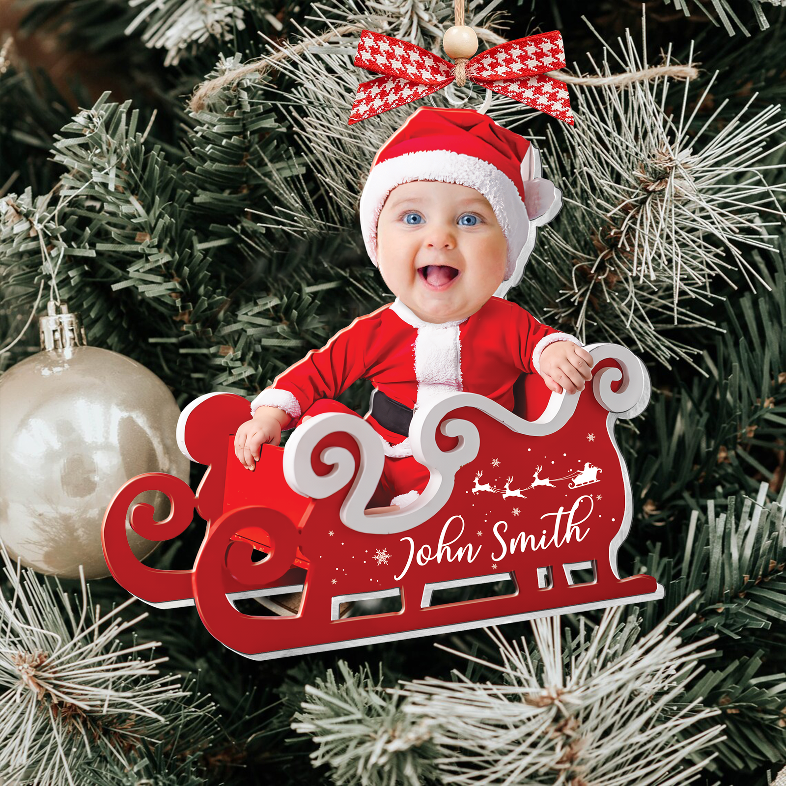 Personalized Baby in Sleigh Photo Ornaments, Adorable Newborn Baby Face Ornament CF612 - 19Gifts