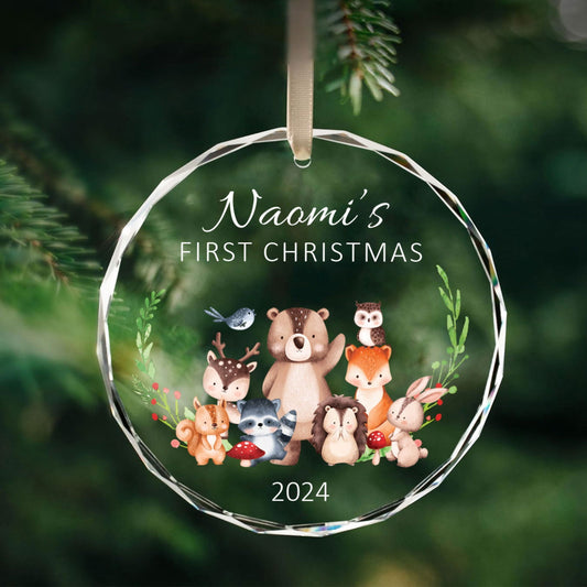 Personalized Baby's First Christmas Glass Ornament, Personalized Woodland Creatures GX02-22 - 19Gifts
