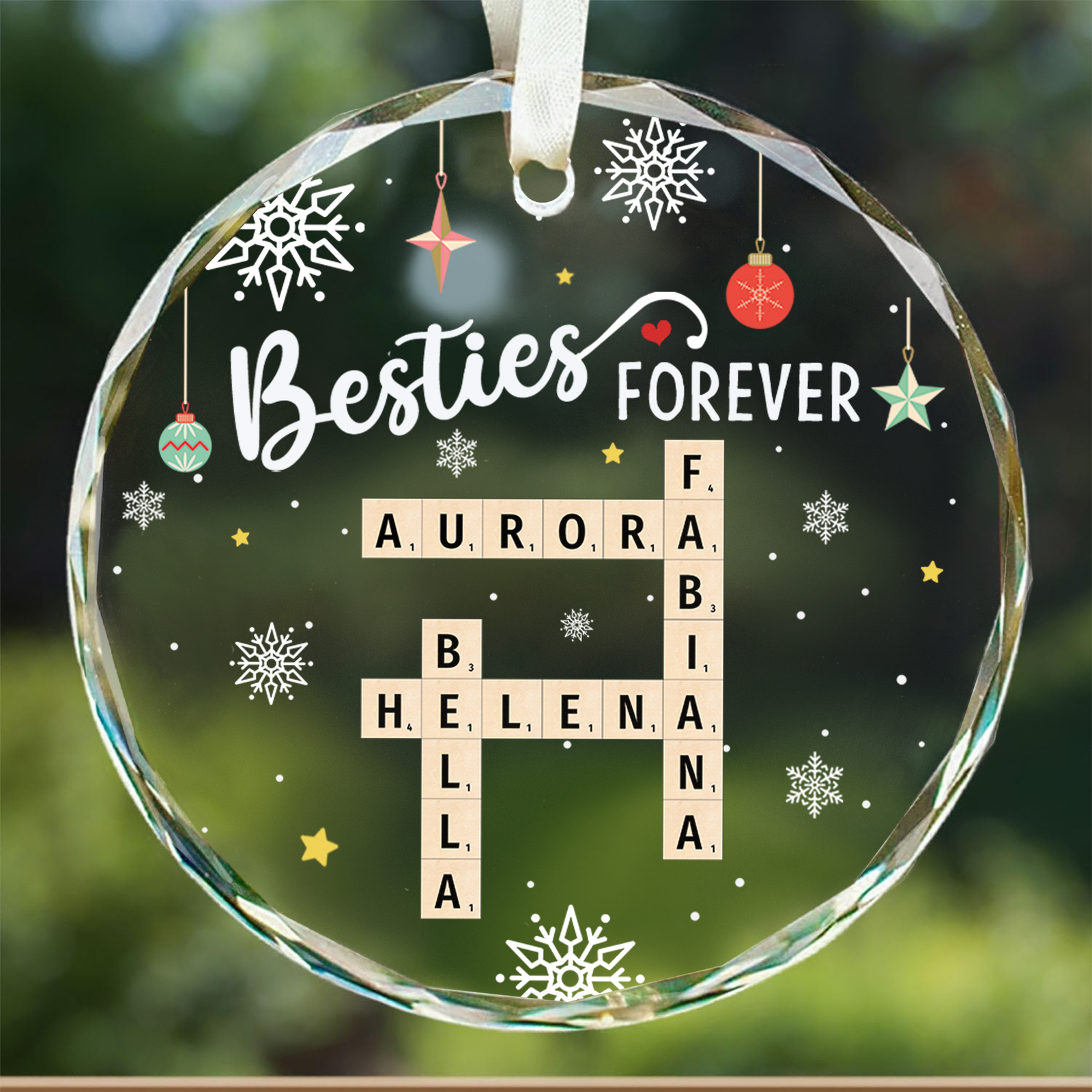 Personalized Besties Forever Glass Ornament, Bestie Crossword Puzzle Art Ornament, Friendship Gift, Christmas Gift For BFF GX04-87 - 19Gifts