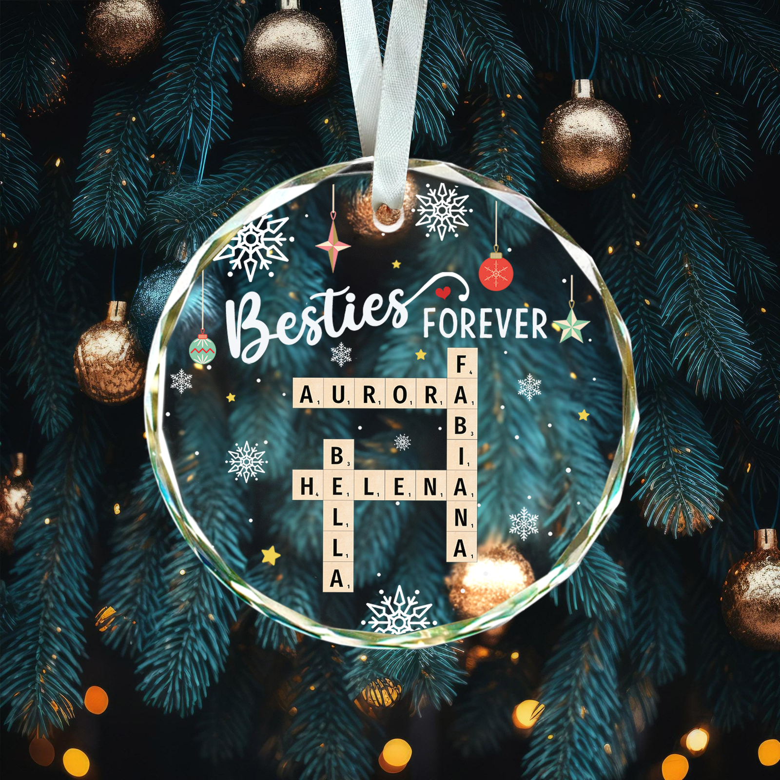 Personalized Besties Forever Glass Ornament, Bestie Crossword Puzzle Art Ornament, Friendship Gift, Christmas Gift For BFF GX04-87 - 19Gifts