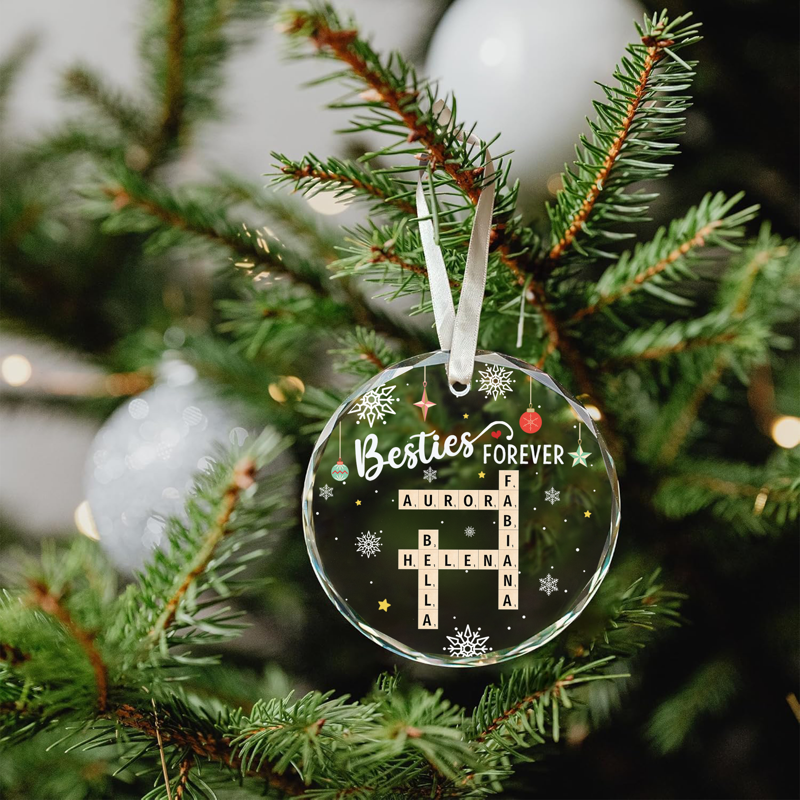 Personalized Besties Forever Glass Ornament, Bestie Crossword Puzzle Art Ornament, Friendship Gift, Christmas Gift For BFF GX04-87 - 19Gifts
