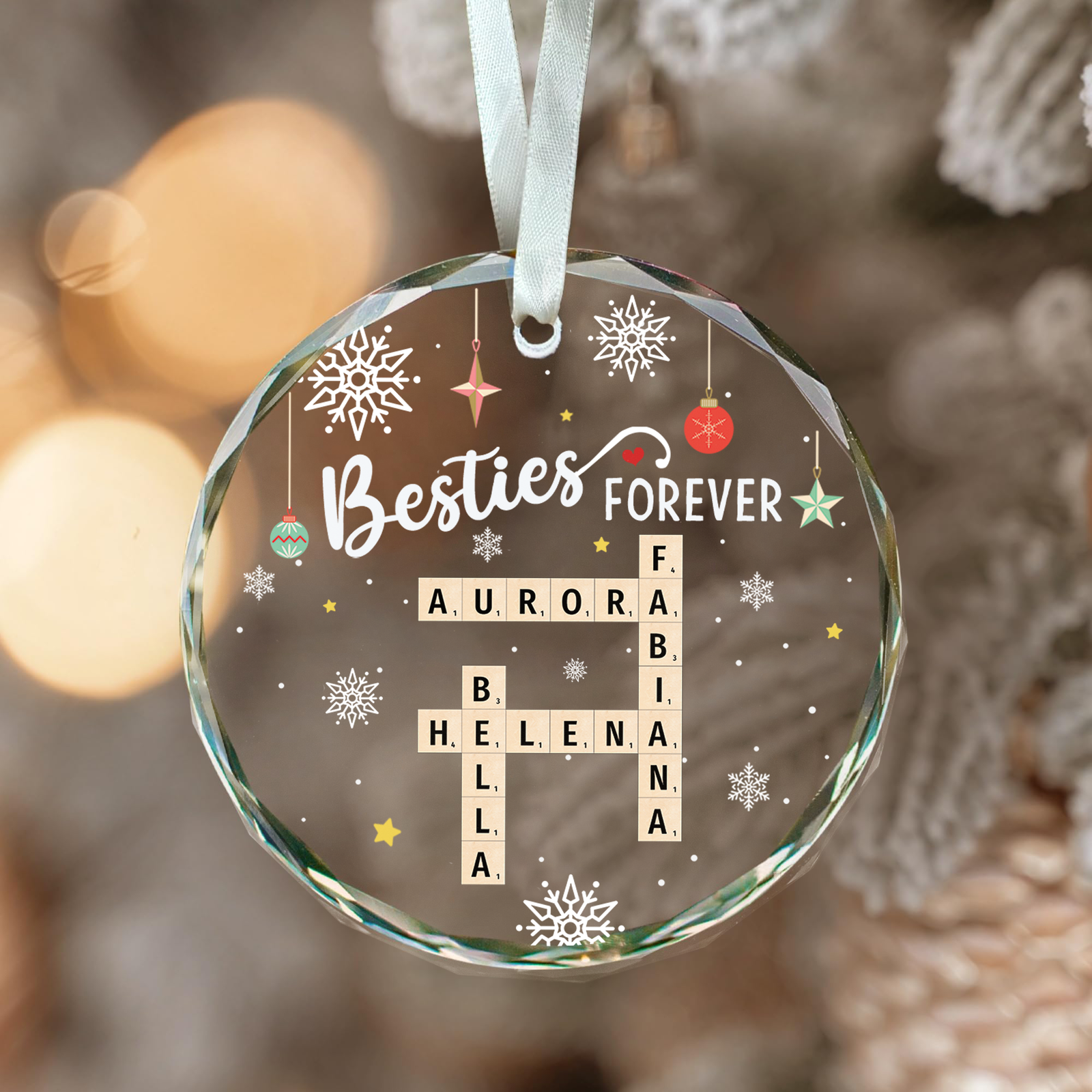 Personalized Besties Forever Glass Ornament, Bestie Crossword Puzzle Art Ornament, Friendship Gift, Christmas Gift For BFF GX04-87 - 19Gifts