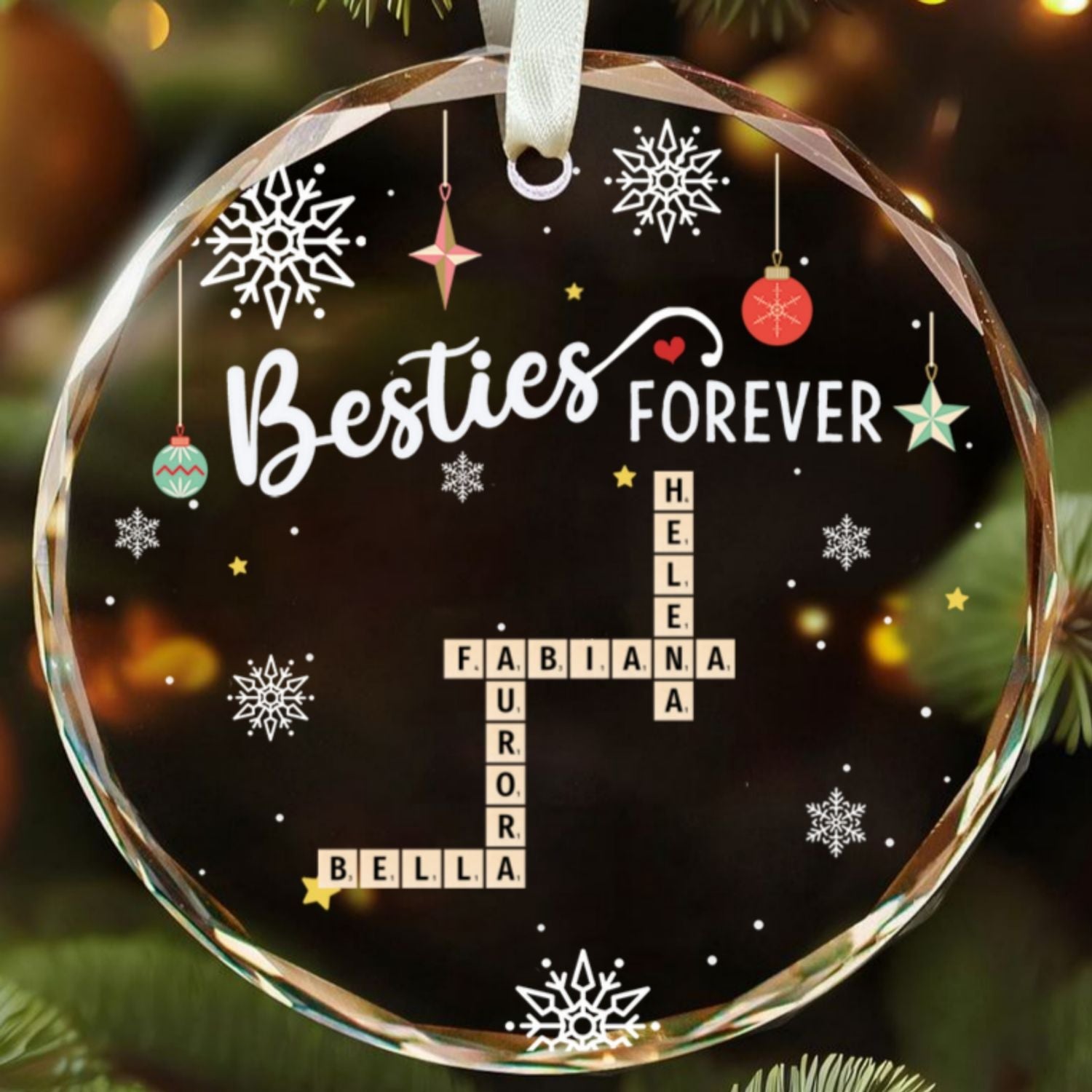 Personalized Besties Forever Glass Ornament, Bestie Crossword Puzzle Art Ornament, Friendship Gift, Christmas Gift For BFF GX04-87 - 19Gifts