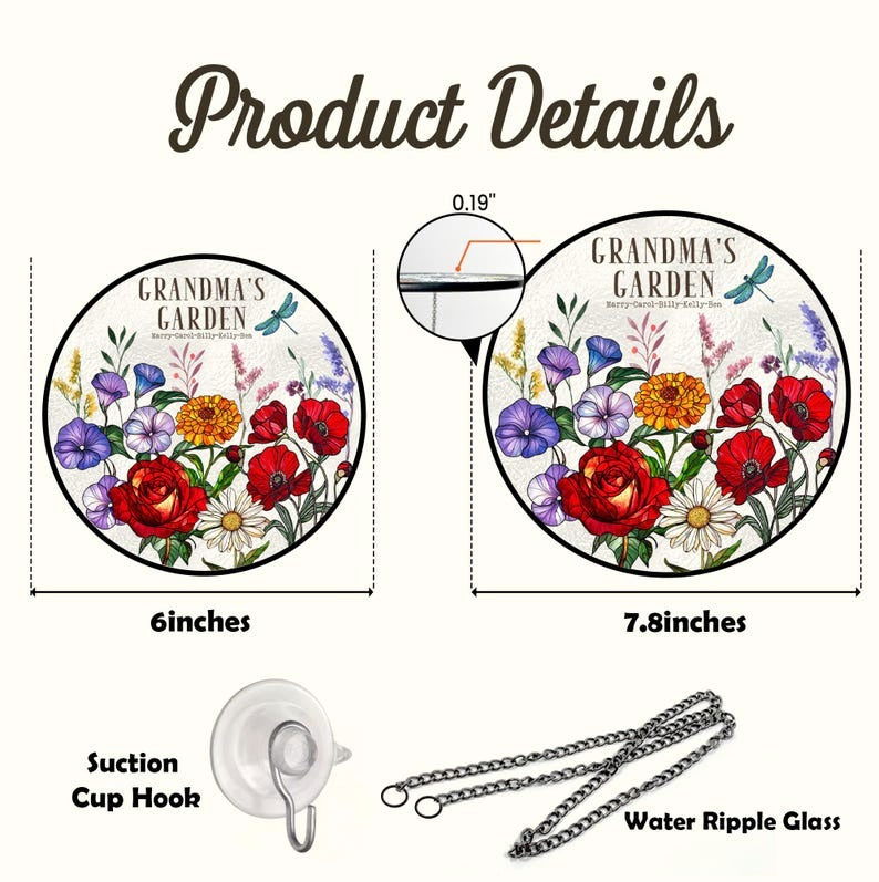 Personalized Birth Flowers Glass Art Suncatcher, Grandma's Garden Gift, SC114 - 19Gifts