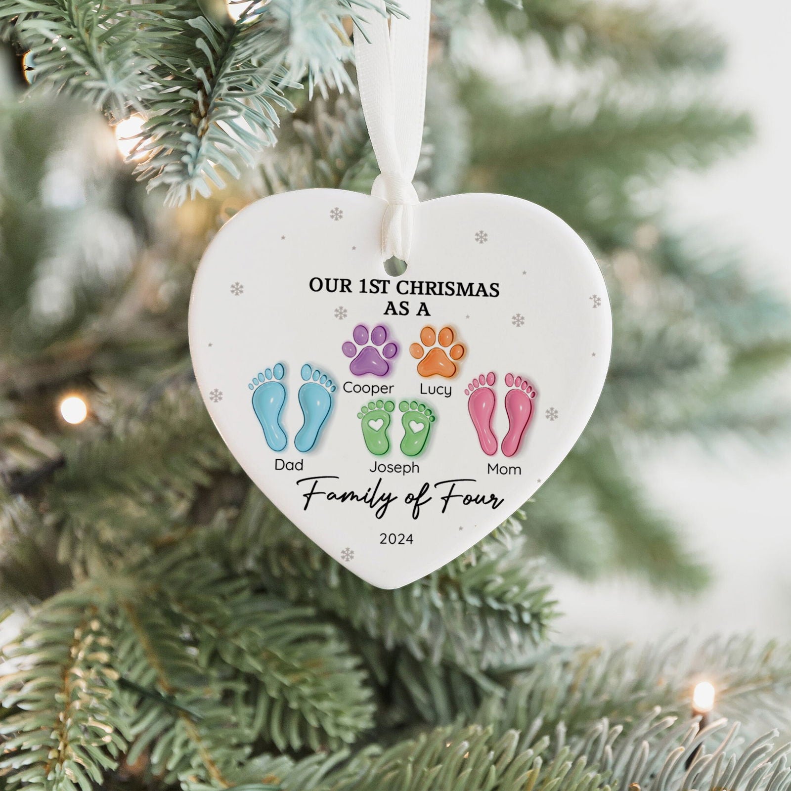 Personalized Ceramic Ornament Family Gift, First Christmas As A Family Of Four Footprints Ornament CY04-64 - 19Gifts