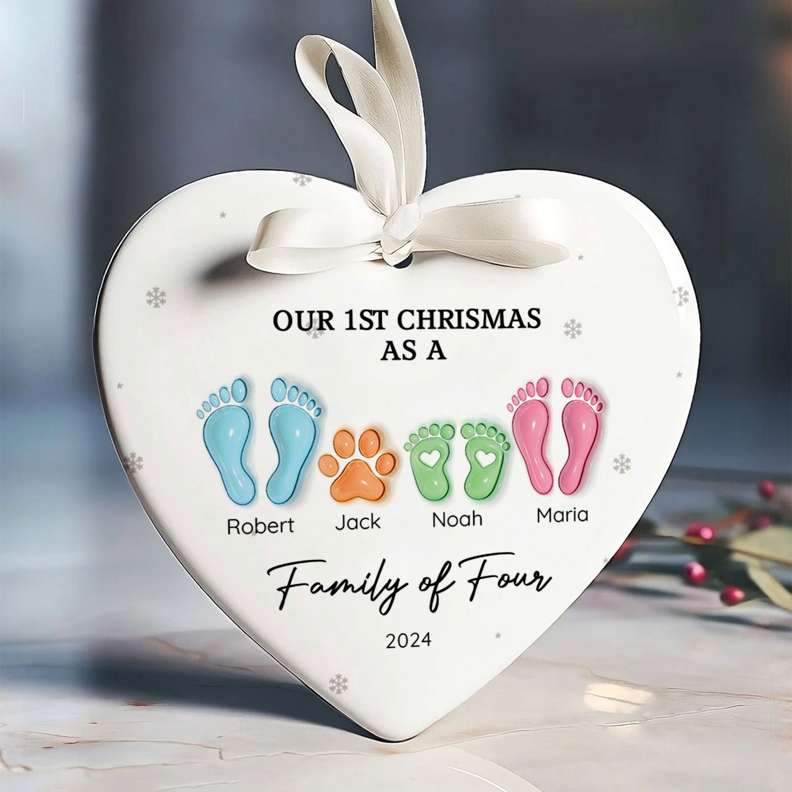 Personalized Ceramic Ornament Family Gift, First Christmas As A Family Of Four Footprints Ornament CY04-64 - 19Gifts