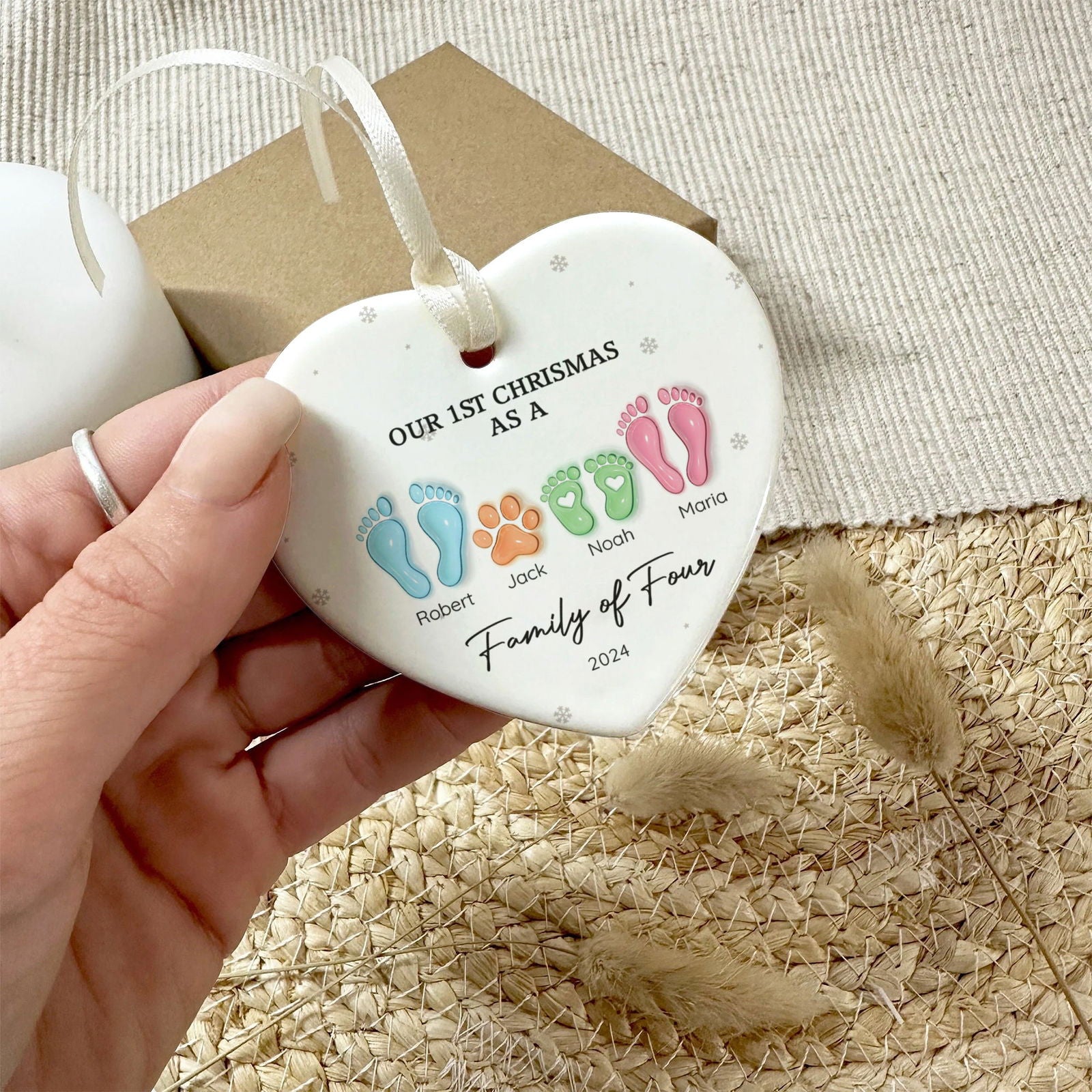 Personalized Ceramic Ornament Family Gift, First Christmas As A Family Of Four Footprints Ornament CY04-64 - 19Gifts
